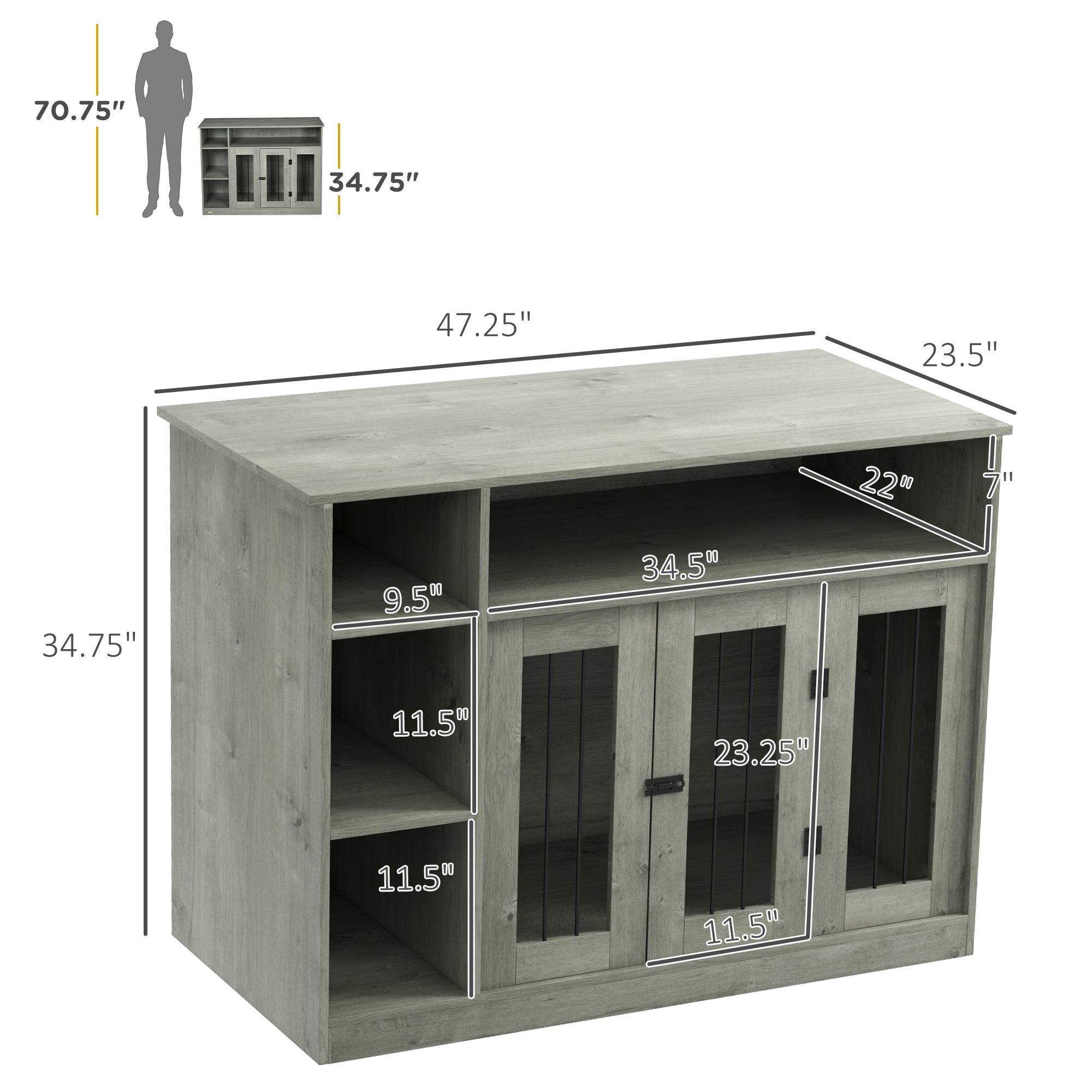 PawHut Dog Crate Furniture with Adjustable Shelf, Dog Kennel End Table, Indoor Pet Crate for Medium and Large Dogs, with Large Flat Surface, 47" x 23.5" x 35", Gray