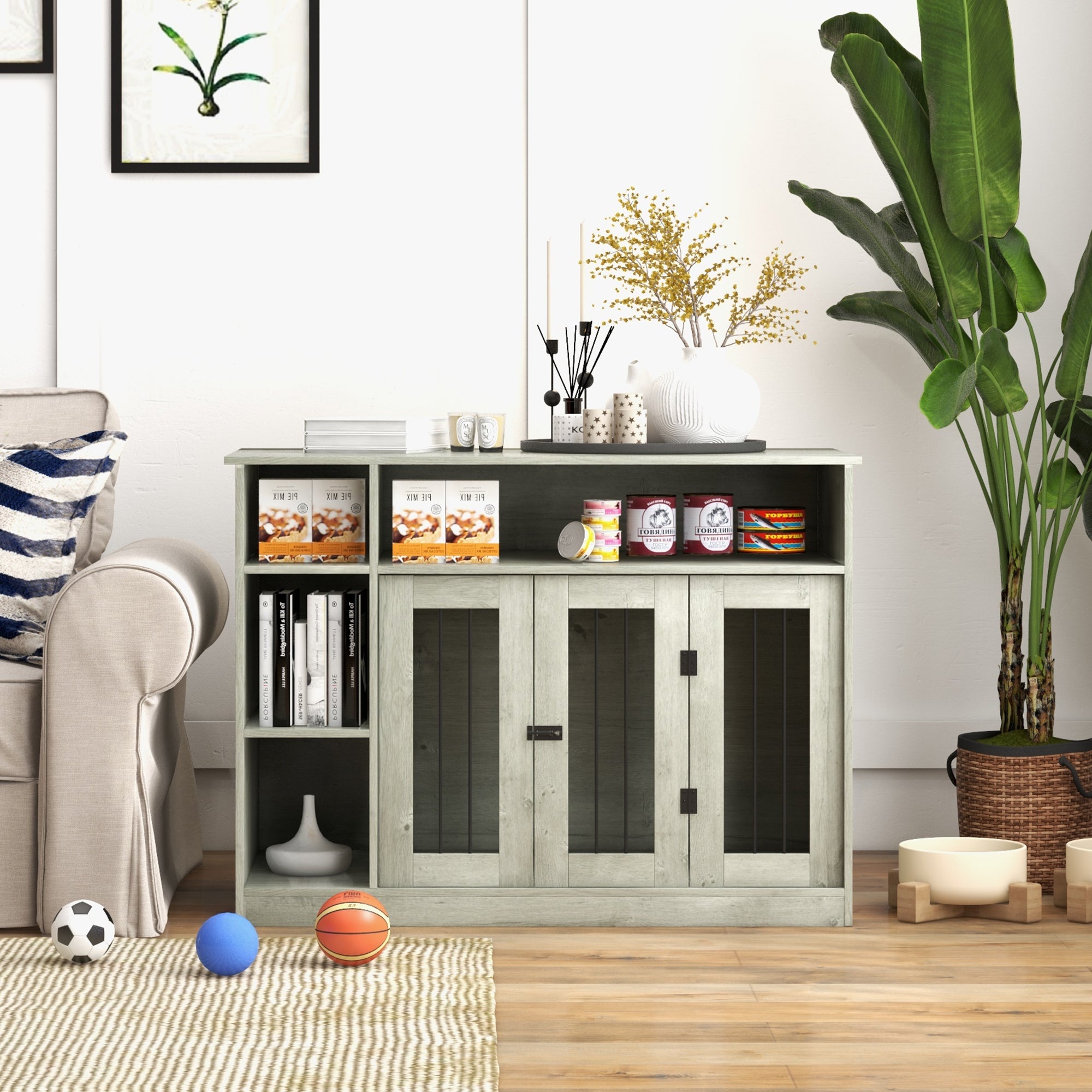 PawHut Dog Crate Furniture with Adjustable Shelf, Dog Kennel End Table, Indoor Pet Crate for Medium and Large Dogs, with Large Flat Surface, 47" x 23.5" x 35", Gray