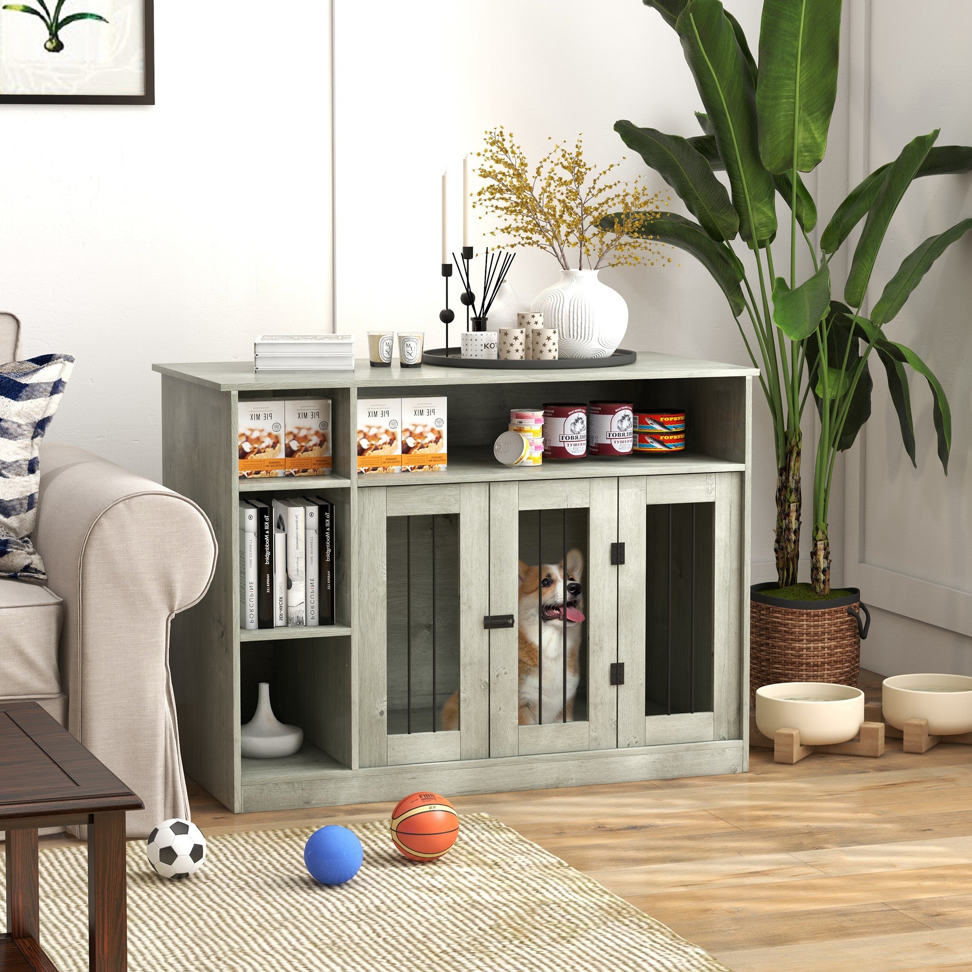 PawHut Dog Crate Furniture with Adjustable Shelf, Dog Kennel End Table, Indoor Pet Crate for Medium and Large Dogs, with Large Flat Surface, 47" x 23.5" x 35", Gray