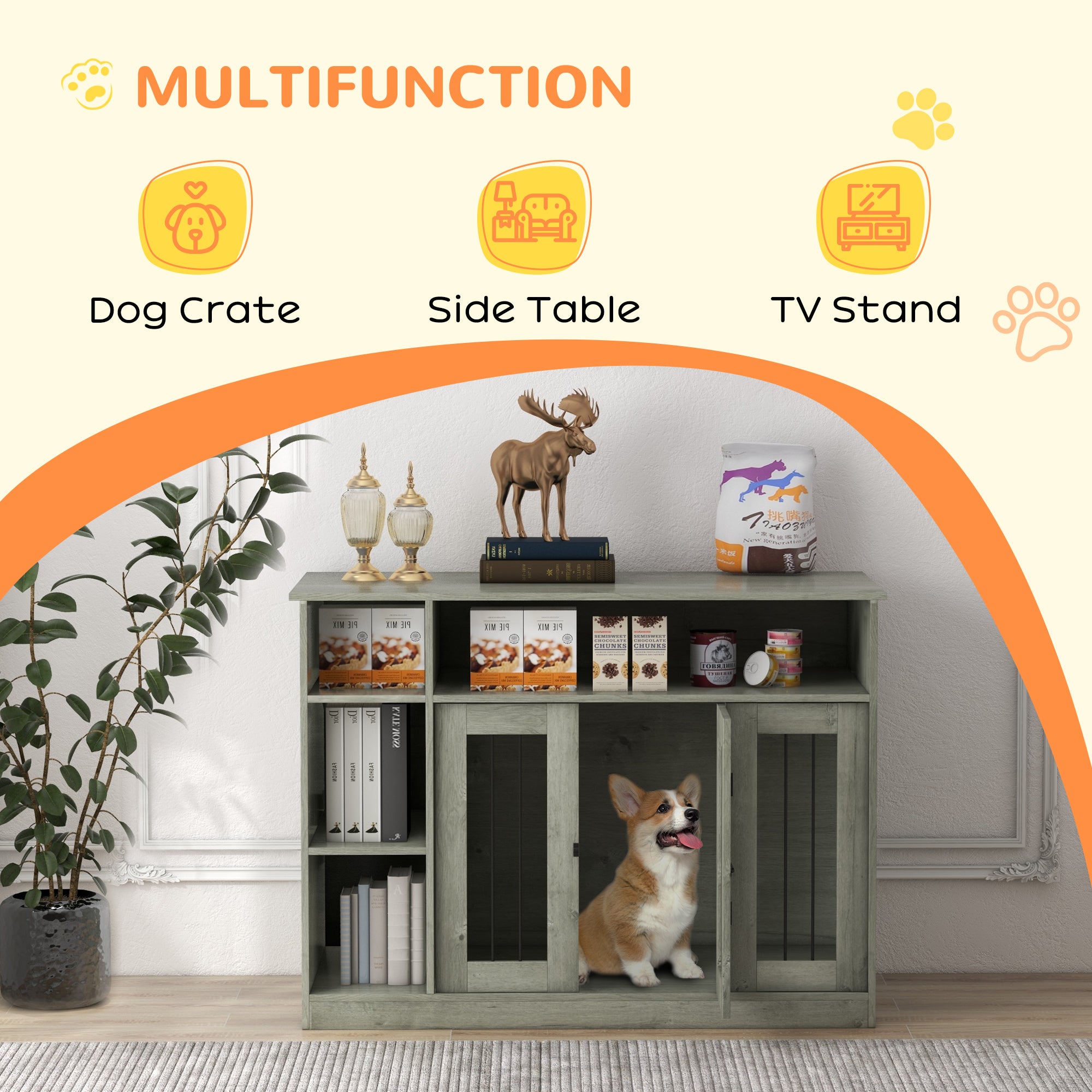 PawHut Dog Crate Furniture with Adjustable Shelf, Dog Kennel End Table, Indoor Pet Crate for Medium and Large Dogs, with Large Flat Surface, 47" x 23.5" x 35", Gray