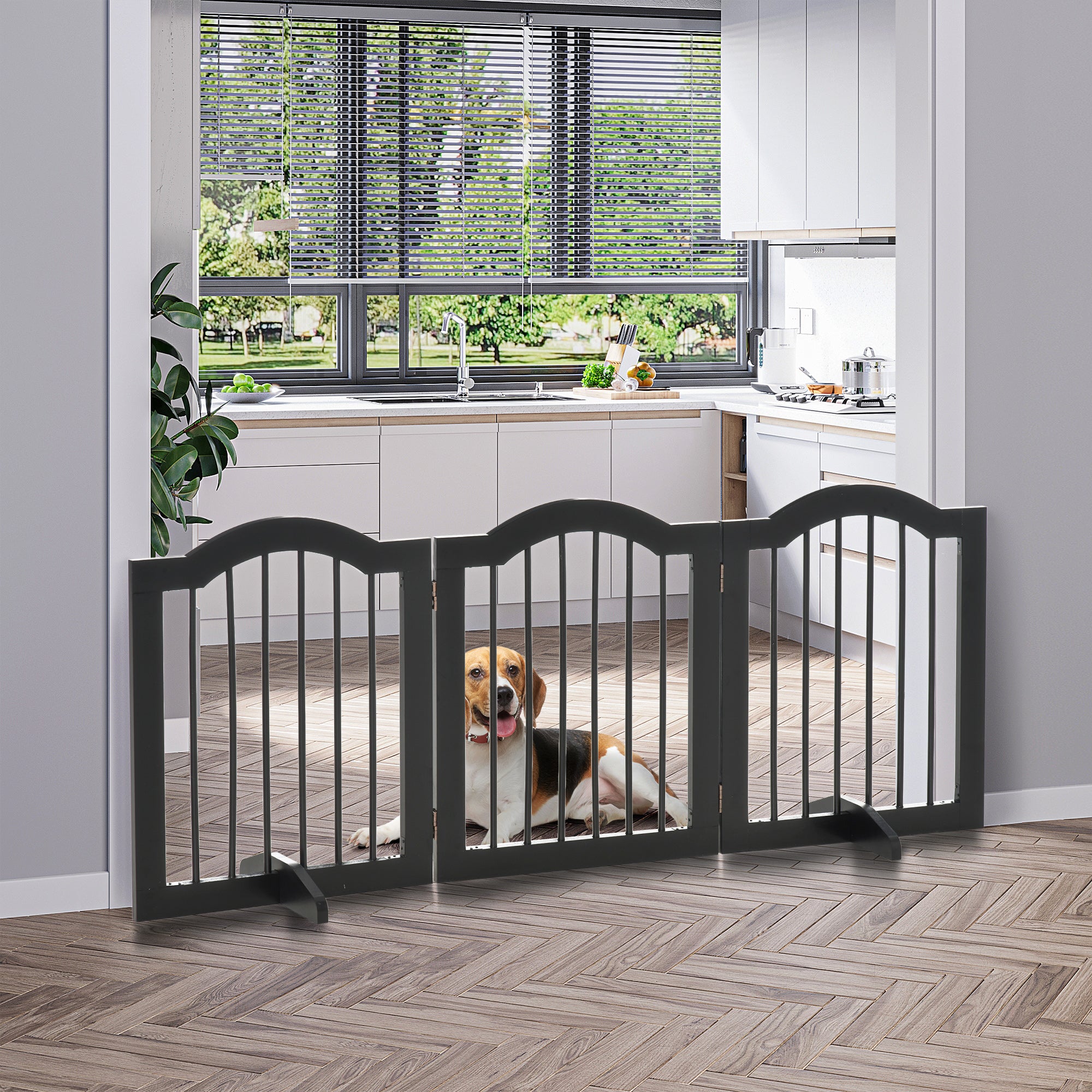 PawHut Freestanding Pet Gate for Dogs 24" Tall Foldable Dog Gates Indoor Wooden Barrier 3 Panels with 2 Support Feet, for Doorway Stairs, Black