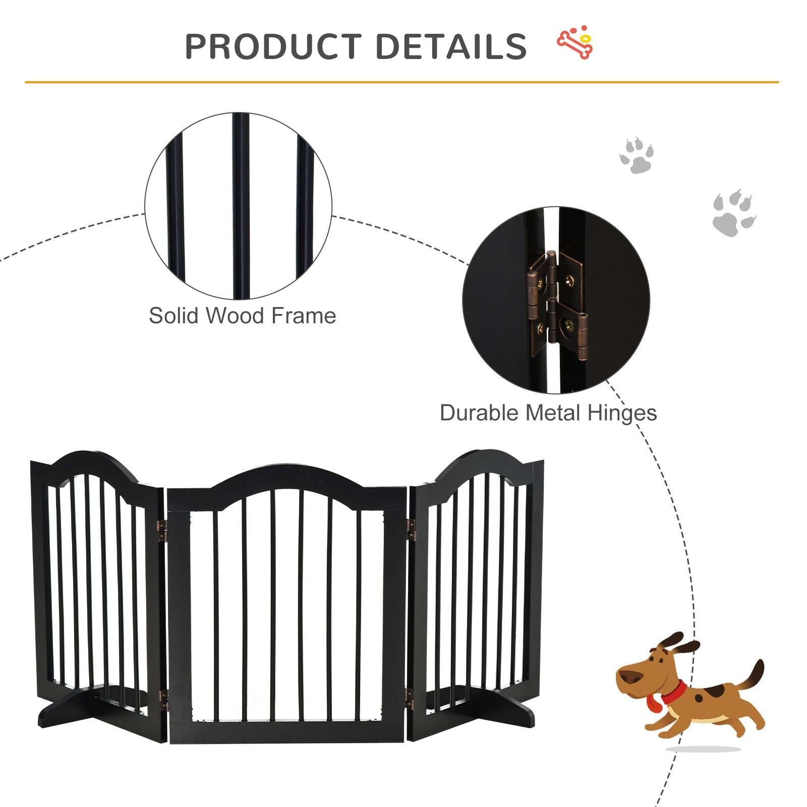 PawHut Freestanding Pet Gate for Dogs 24" Tall Foldable Dog Gates Indoor Wooden Barrier 3 Panels with 2 Support Feet, for Doorway Stairs, Black