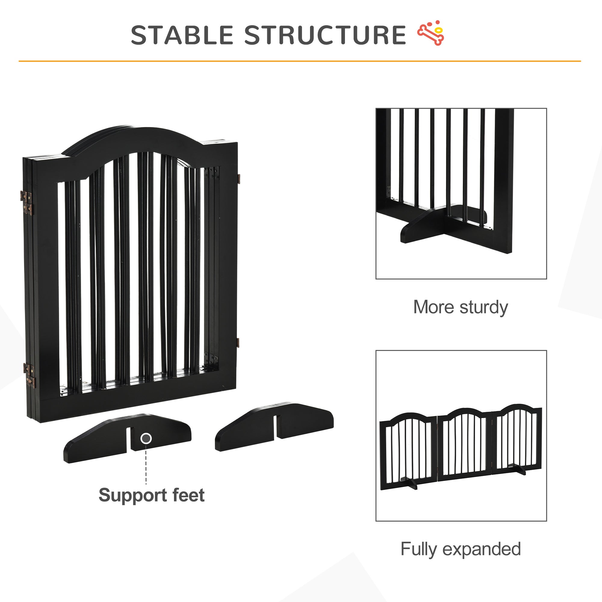 PawHut Freestanding Pet Gate for Dogs 24" Tall Foldable Dog Gates Indoor Wooden Barrier 3 Panels with 2 Support Feet, for Doorway Stairs, Black