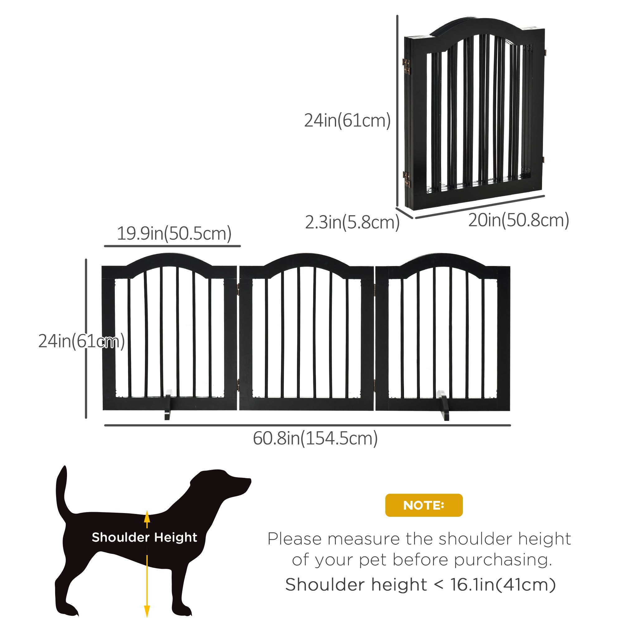 PawHut Freestanding Pet Gate for Dogs 24" Tall Foldable Dog Gates Indoor Wooden Barrier 3 Panels with 2 Support Feet, for Doorway Stairs, Black
