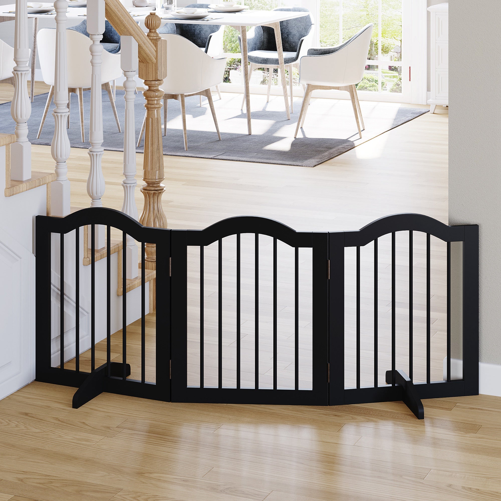 PawHut Freestanding Pet Gate for Dogs 24" Tall Foldable Dog Gates Indoor Wooden Barrier 3 Panels with 2 Support Feet, for Doorway Stairs, Black