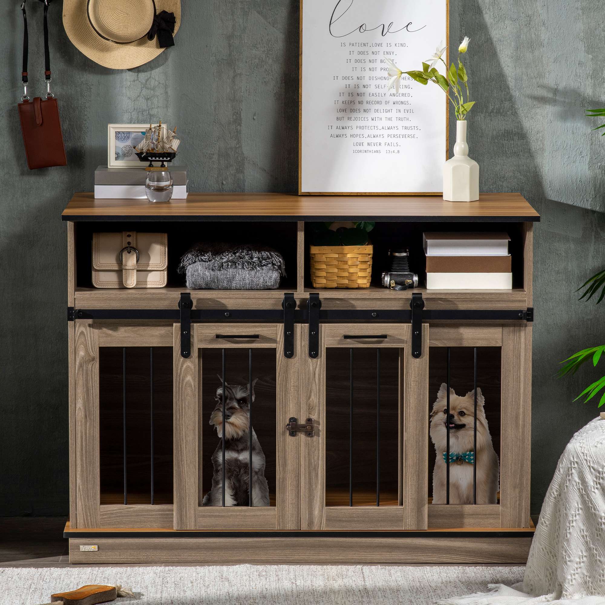 PawHut Dog Crate Furniture for Large Dogs or Double Dog Kennel for Small Dogs with Shelves, Sliding Doors, 47" x 23.5" x 35", Oak