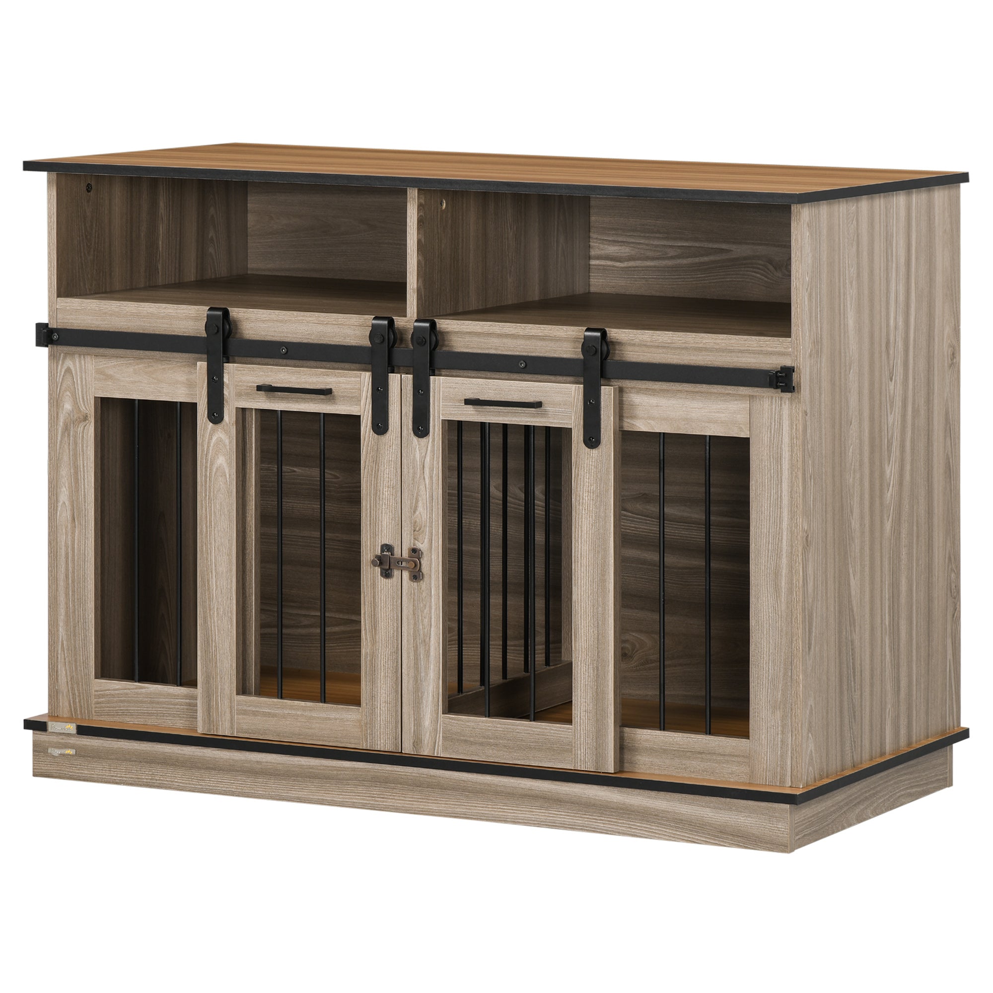 PawHut Dog Crate Furniture for Large Dogs or Double Dog Kennel for Small Dogs with Shelves, Sliding Doors, 47" x 23.5" x 35", Oak