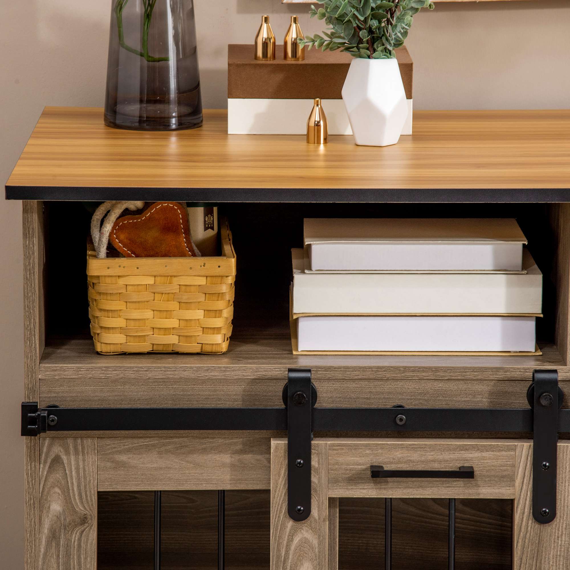 PawHut Dog Crate Furniture for Large Dogs or Double Dog Kennel for Small Dogs with Shelves, Sliding Doors, 47" x 23.5" x 35", Oak