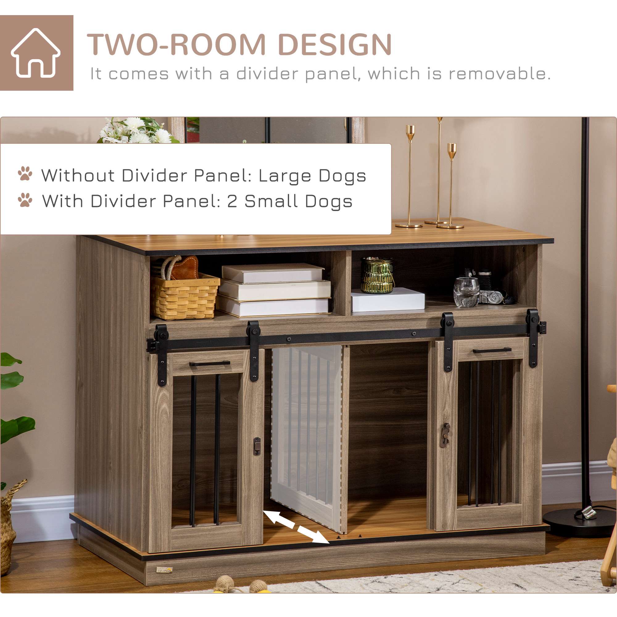 PawHut Dog Crate Furniture for Large Dogs or Double Dog Kennel for Small Dogs with Shelves, Sliding Doors, 47" x 23.5" x 35", Oak