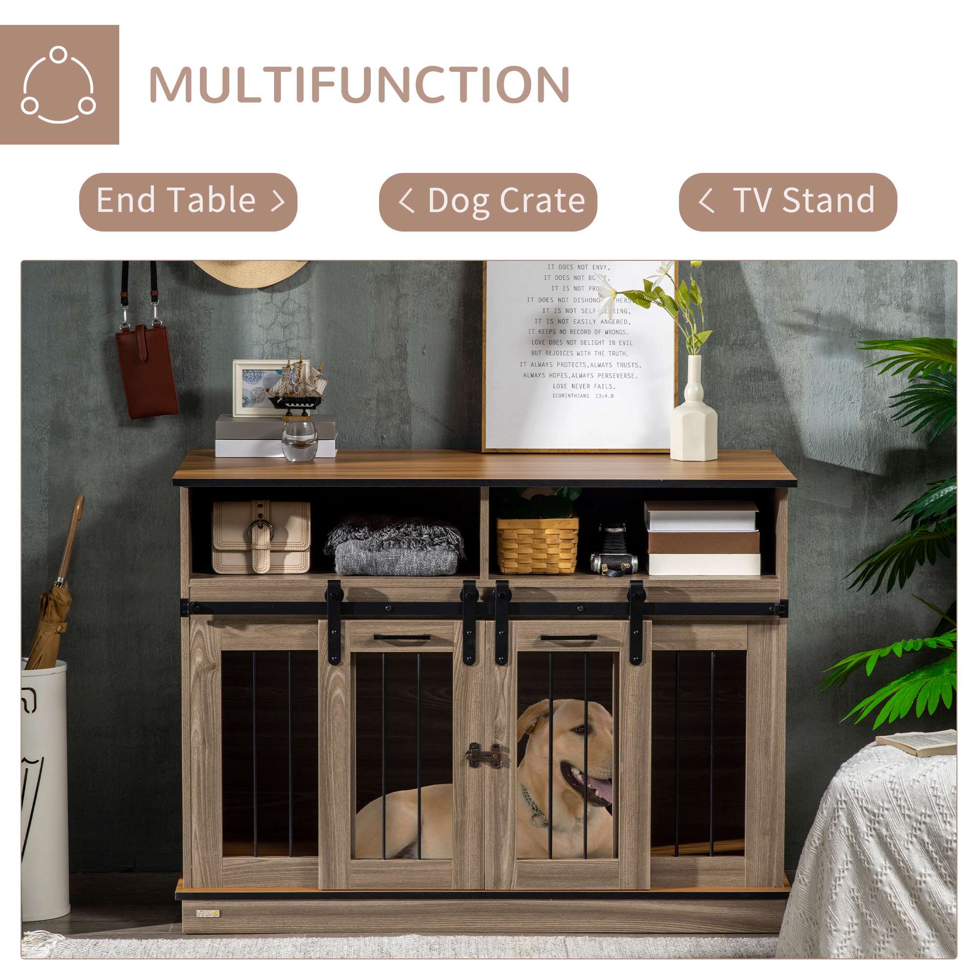 PawHut Dog Crate Furniture for Large Dogs or Double Dog Kennel for Small Dogs with Shelves, Sliding Doors, 47" x 23.5" x 35", Oak