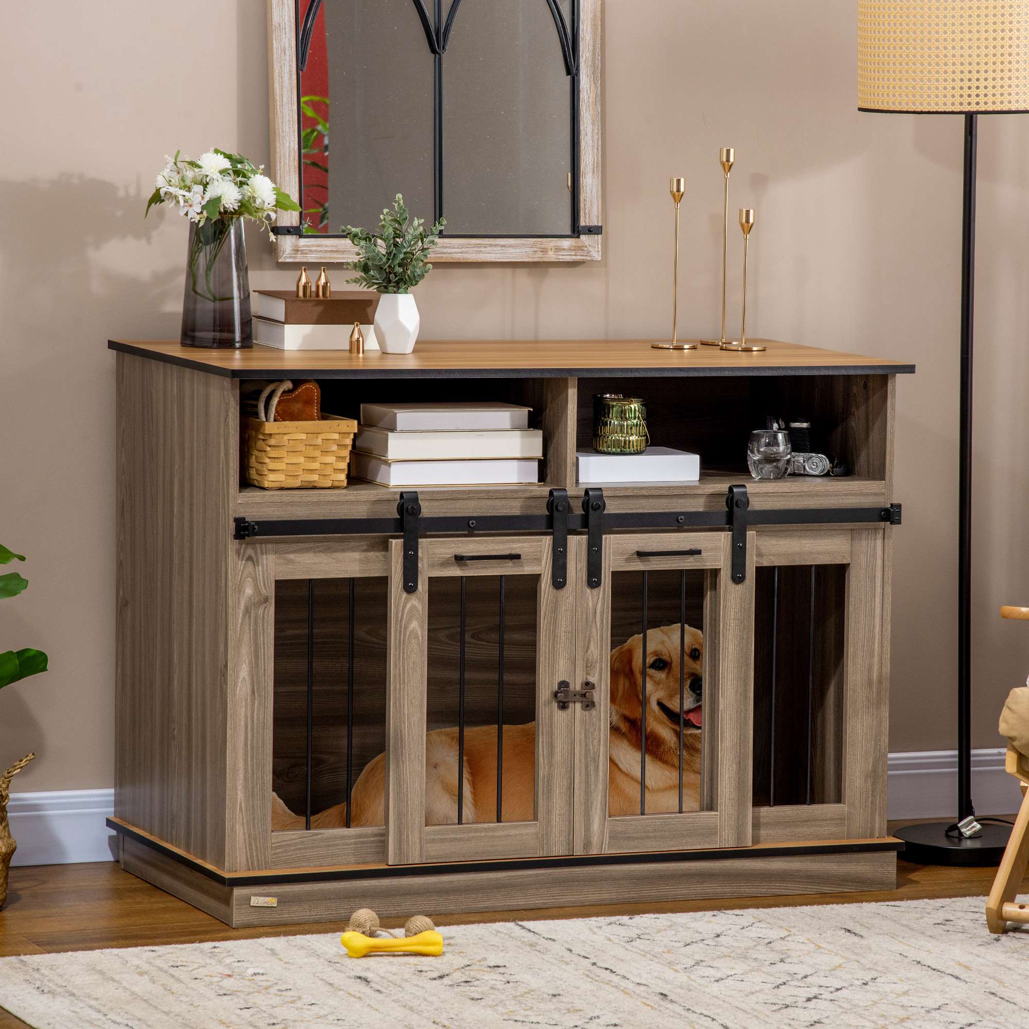 PawHut Dog Crate Furniture for Large Dogs or Double Dog Kennel for Small Dogs with Shelves, Sliding Doors, 47" x 23.5" x 35", Oak