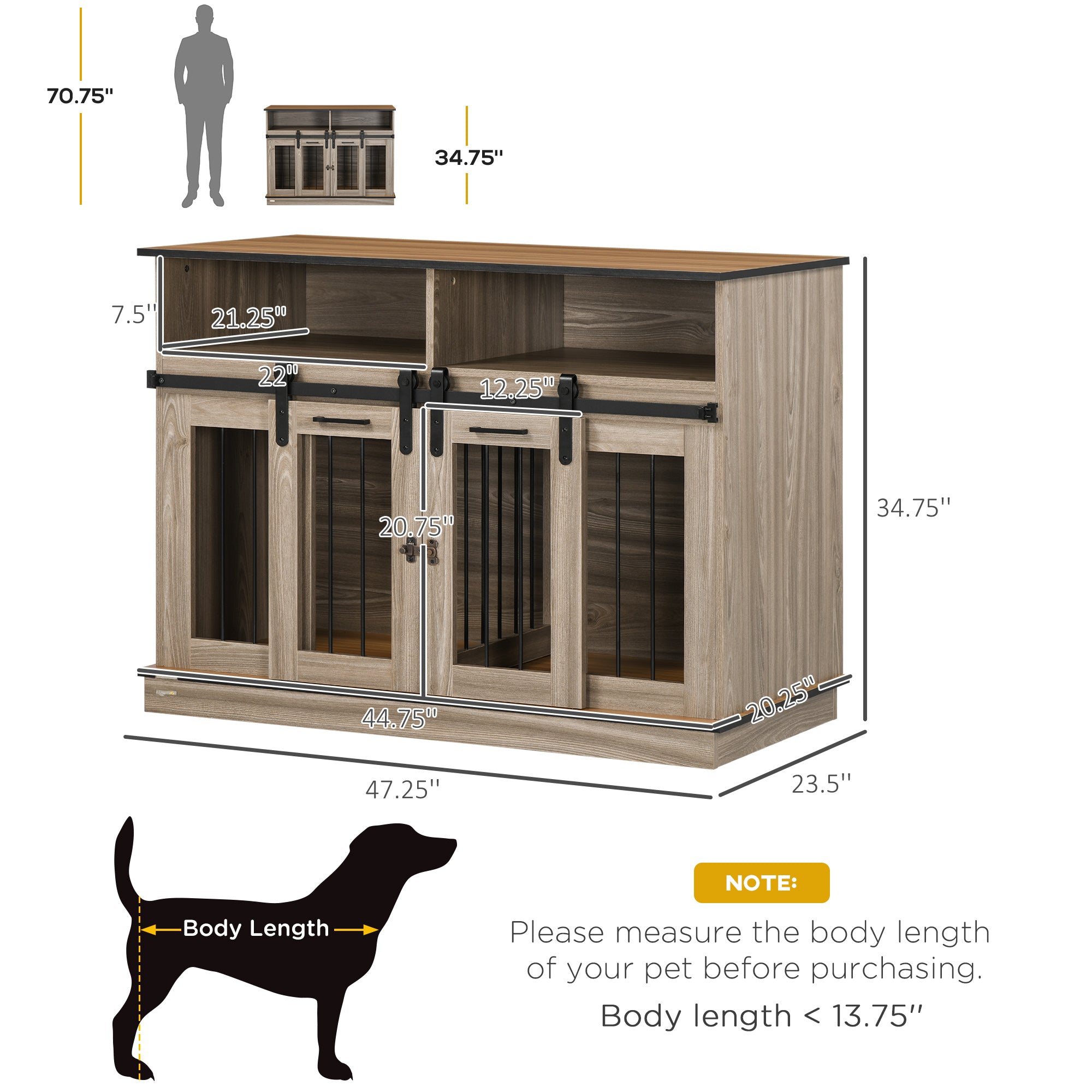PawHut Dog Crate Furniture for Large Dogs or Double Dog Kennel for Small Dogs with Shelves, Sliding Doors, 47" x 23.5" x 35", Oak
