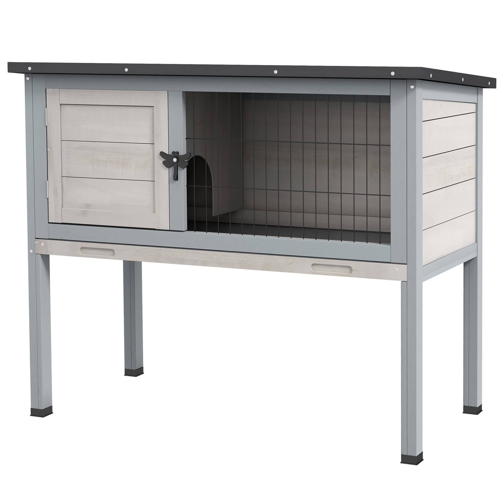 PawHut Wooden Rabbit Hutch Bunny Small Animal House with Openable Asphalt Roof, Slide-out Tray, Indoor/Outdoor, Light Grey