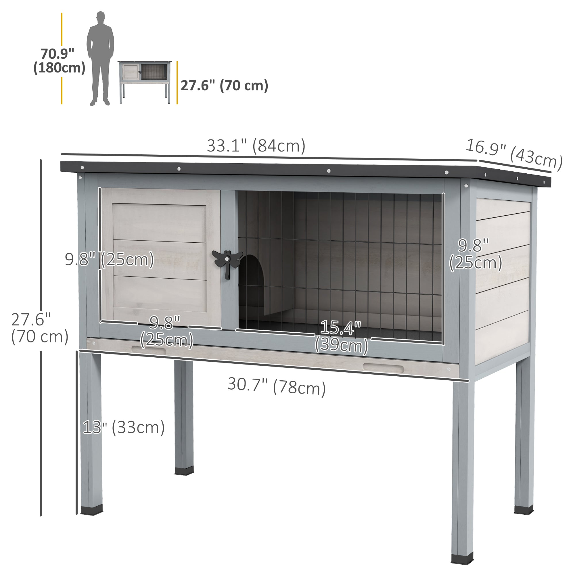 PawHut Wooden Rabbit Hutch Bunny Small Animal House with Openable Asphalt Roof, Slide-out Tray, Indoor/Outdoor, Light Grey