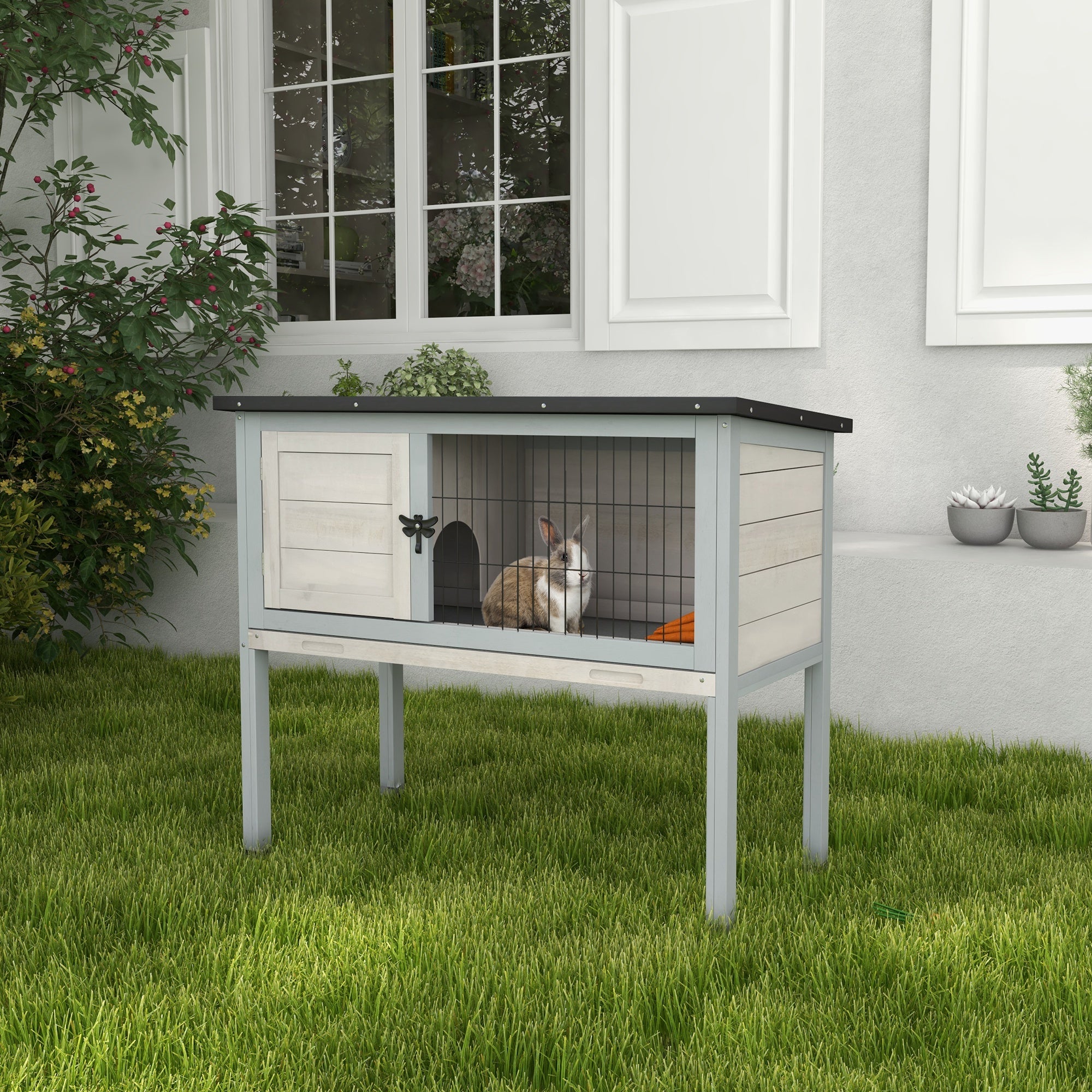 PawHut Wooden Rabbit Hutch Bunny Small Animal House with Openable Asphalt Roof, Slide-out Tray, Indoor/Outdoor, Light Grey