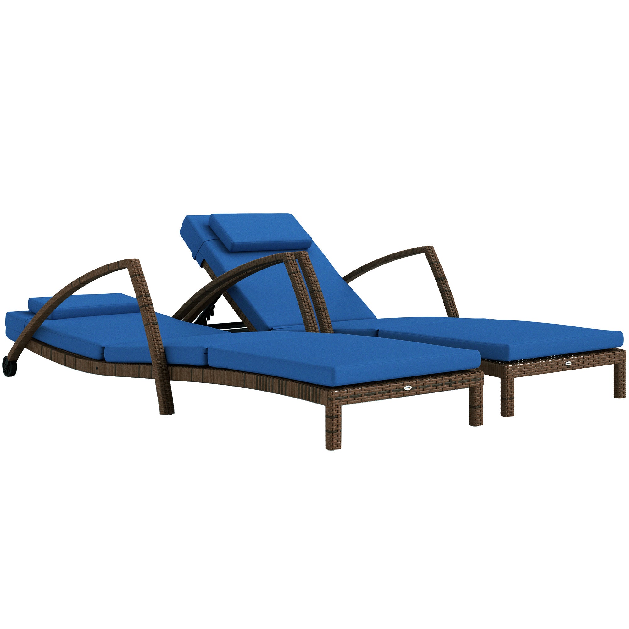 Outsunny Set of 2 Wicker Chaise Lounge Chair Outdoor with Wheels, 5-Level Adjustable Reclining Rattan Patio Lounger Tanning Chair with Cushion, Armrests for Yard, Pool, Dark Blue