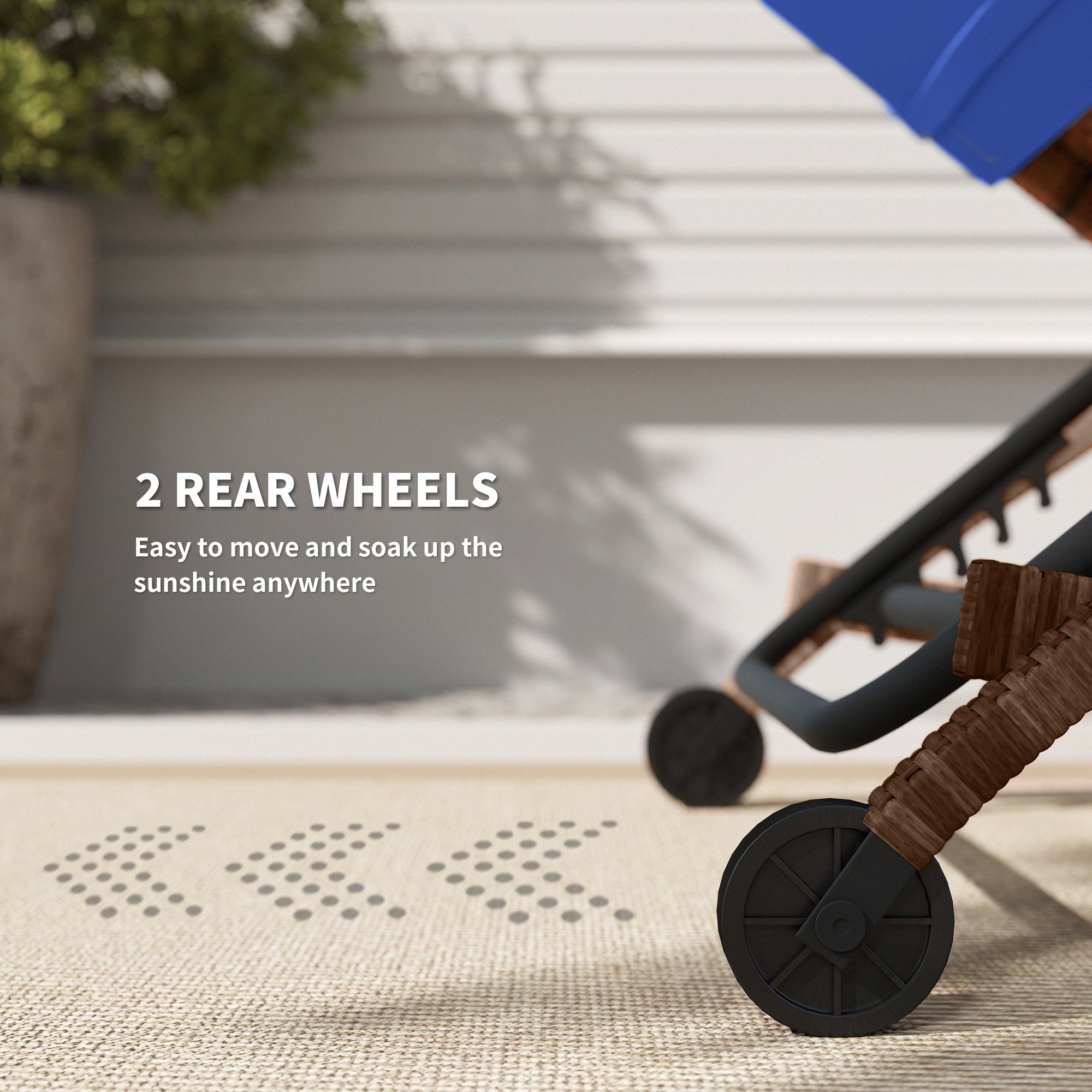 Outsunny Set of 2 Wicker Chaise Lounge Chair Outdoor with Wheels, 5-Level Adjustable Reclining Rattan Patio Lounger Tanning Chair with Cushion, Armrests for Yard, Pool, Dark Blue