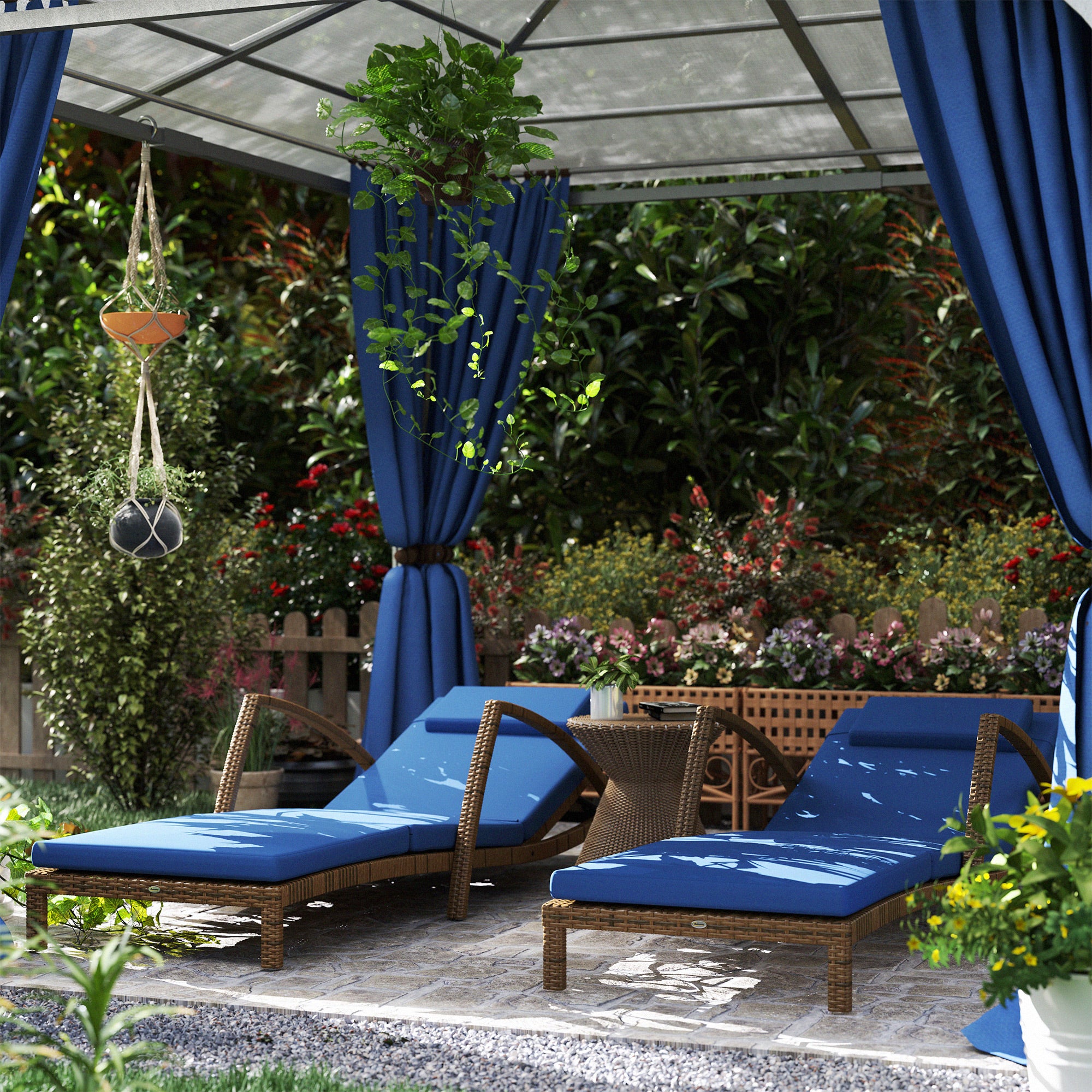 Outsunny Set of 2 Wicker Chaise Lounge Chair Outdoor with Wheels, 5-Level Adjustable Reclining Rattan Patio Lounger Tanning Chair with Cushion, Armrests for Yard, Pool, Dark Blue