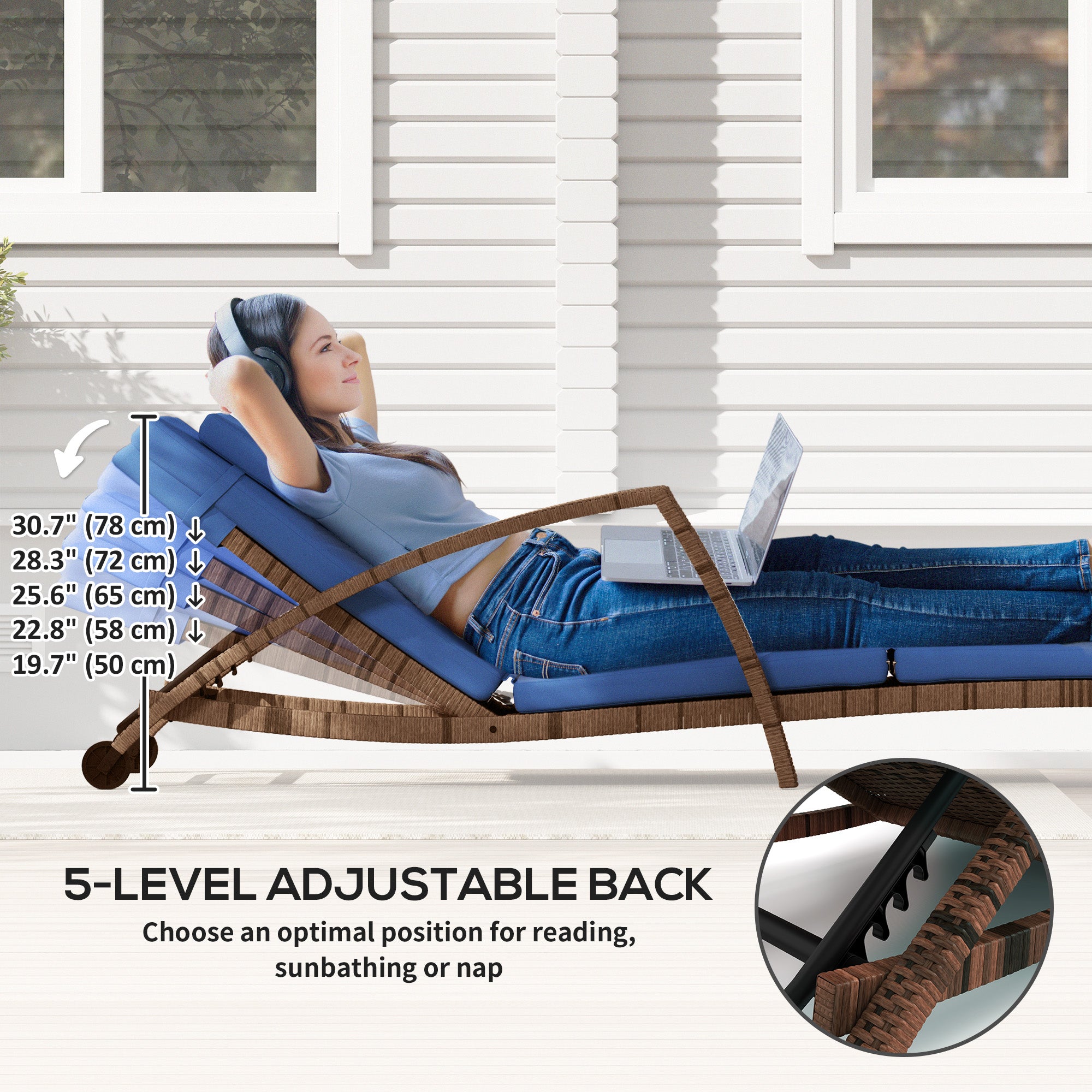 Outsunny Set of 2 Wicker Chaise Lounge Chair Outdoor with Wheels, 5-Level Adjustable Reclining Rattan Patio Lounger Tanning Chair with Cushion, Armrests for Yard, Pool, Dark Blue