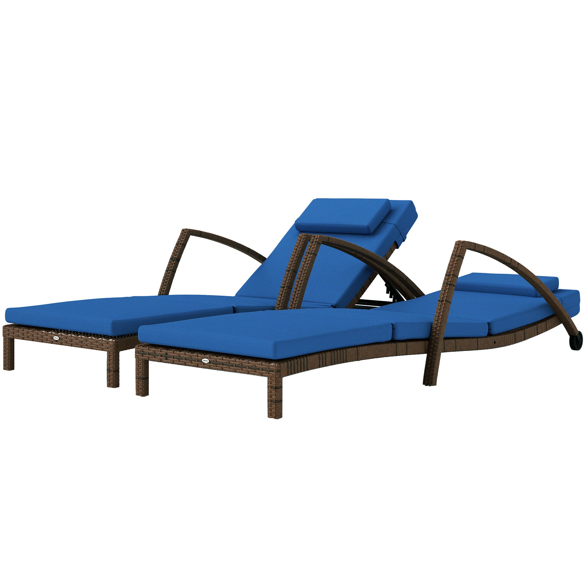 Outsunny Set of 2 Wicker Chaise Lounge Chair Outdoor with Wheels, 5-Level Adjustable Reclining Rattan Patio Lounger Tanning Chair with Cushion, Armrests for Yard, Pool, Dark Blue