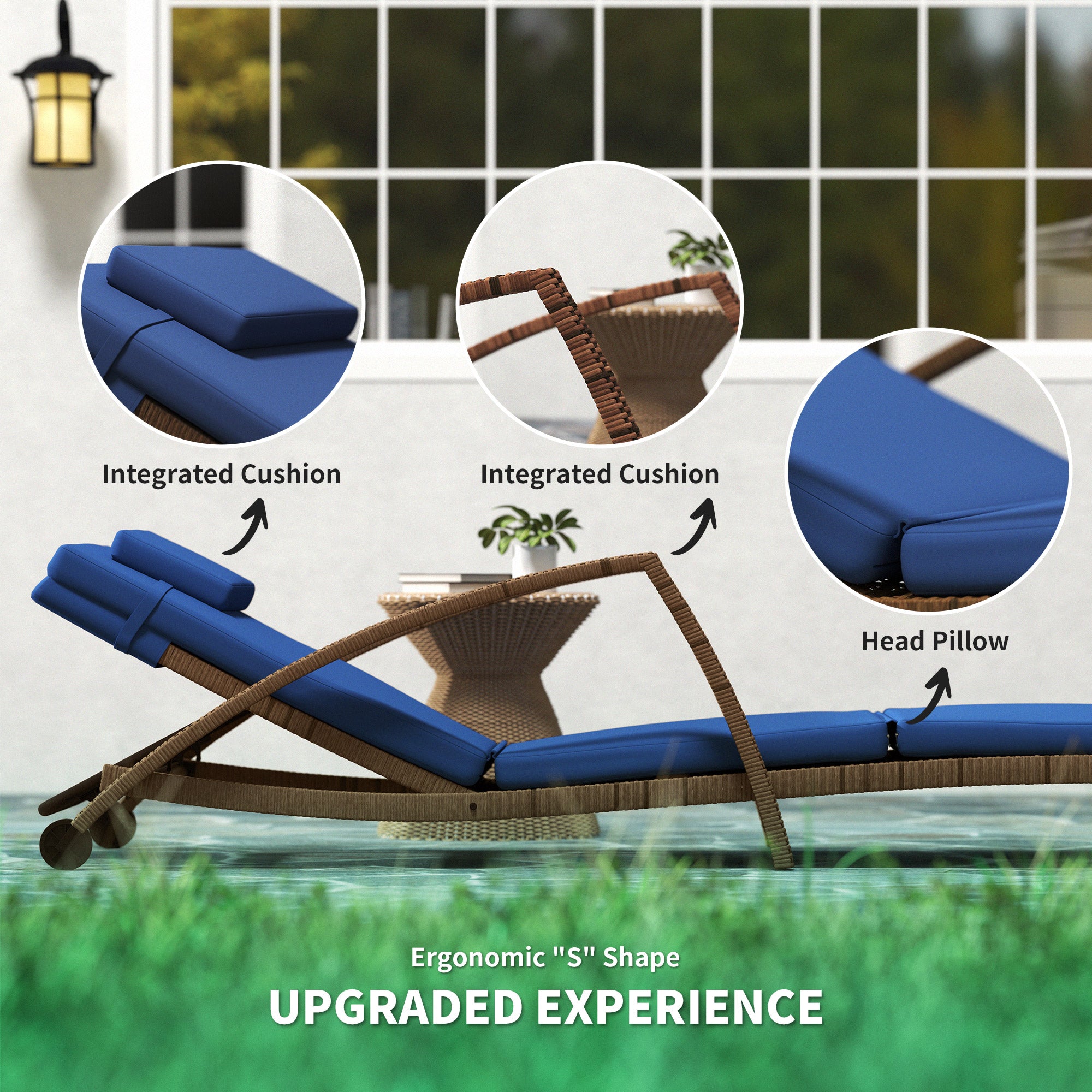 Outsunny Set of 2 Wicker Chaise Lounge Chair Outdoor with Wheels, 5-Level Adjustable Reclining Rattan Patio Lounger Tanning Chair with Cushion, Armrests for Yard, Pool, Dark Blue