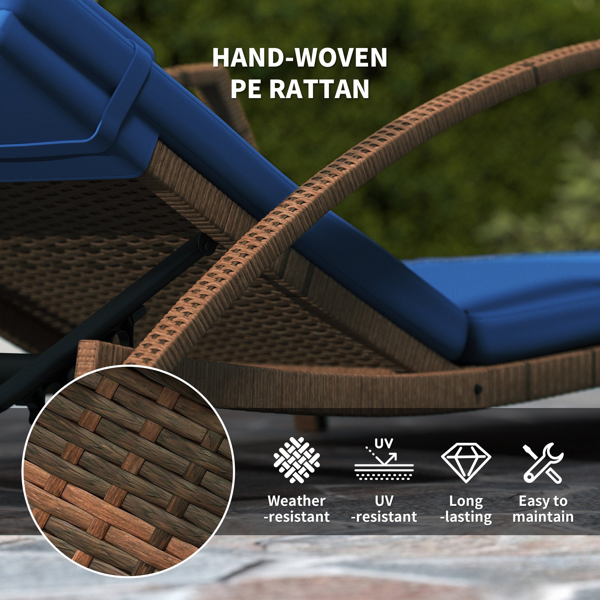 Outsunny Set of 2 Wicker Chaise Lounge Chair Outdoor with Wheels, 5-Level Adjustable Reclining Rattan Patio Lounger Tanning Chair with Cushion, Armrests for Yard, Pool, Dark Blue