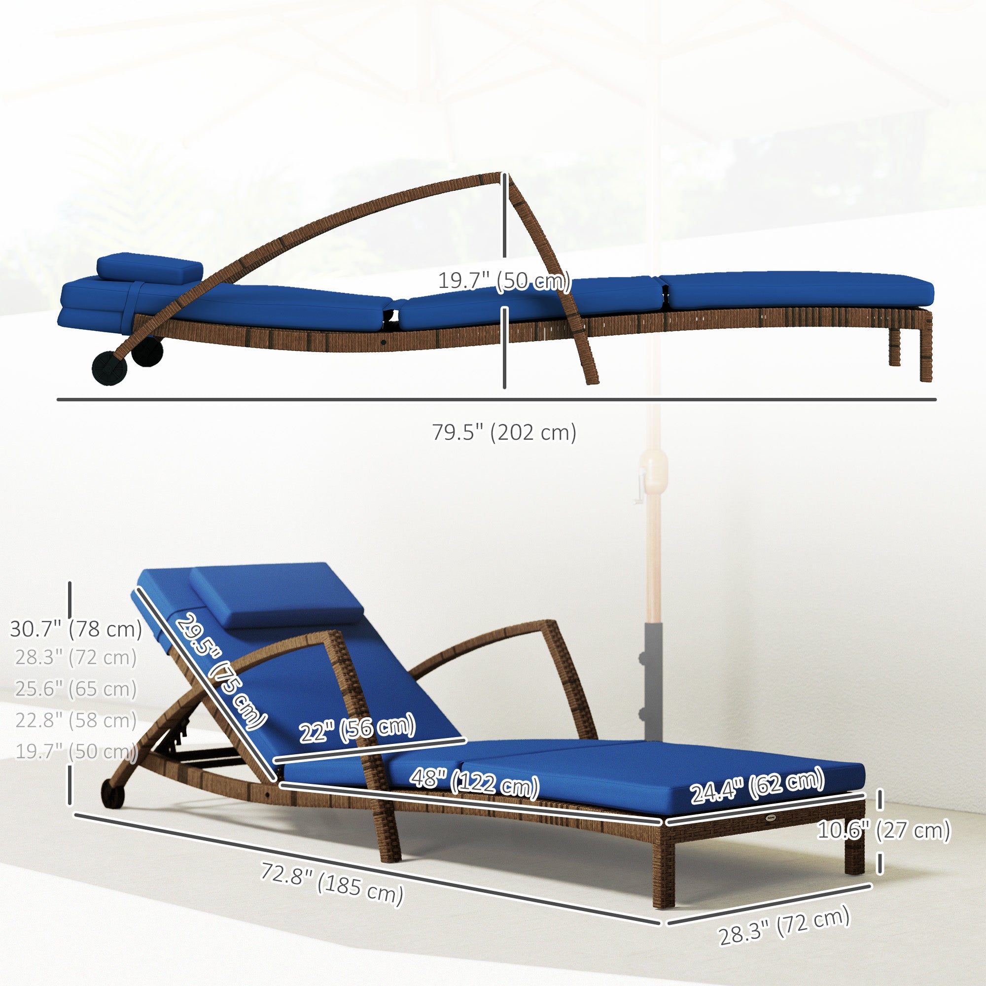 Outsunny Set of 2 Wicker Chaise Lounge Chair Outdoor with Wheels, 5-Level Adjustable Reclining Rattan Patio Lounger Tanning Chair with Cushion, Armrests for Yard, Pool, Dark Blue