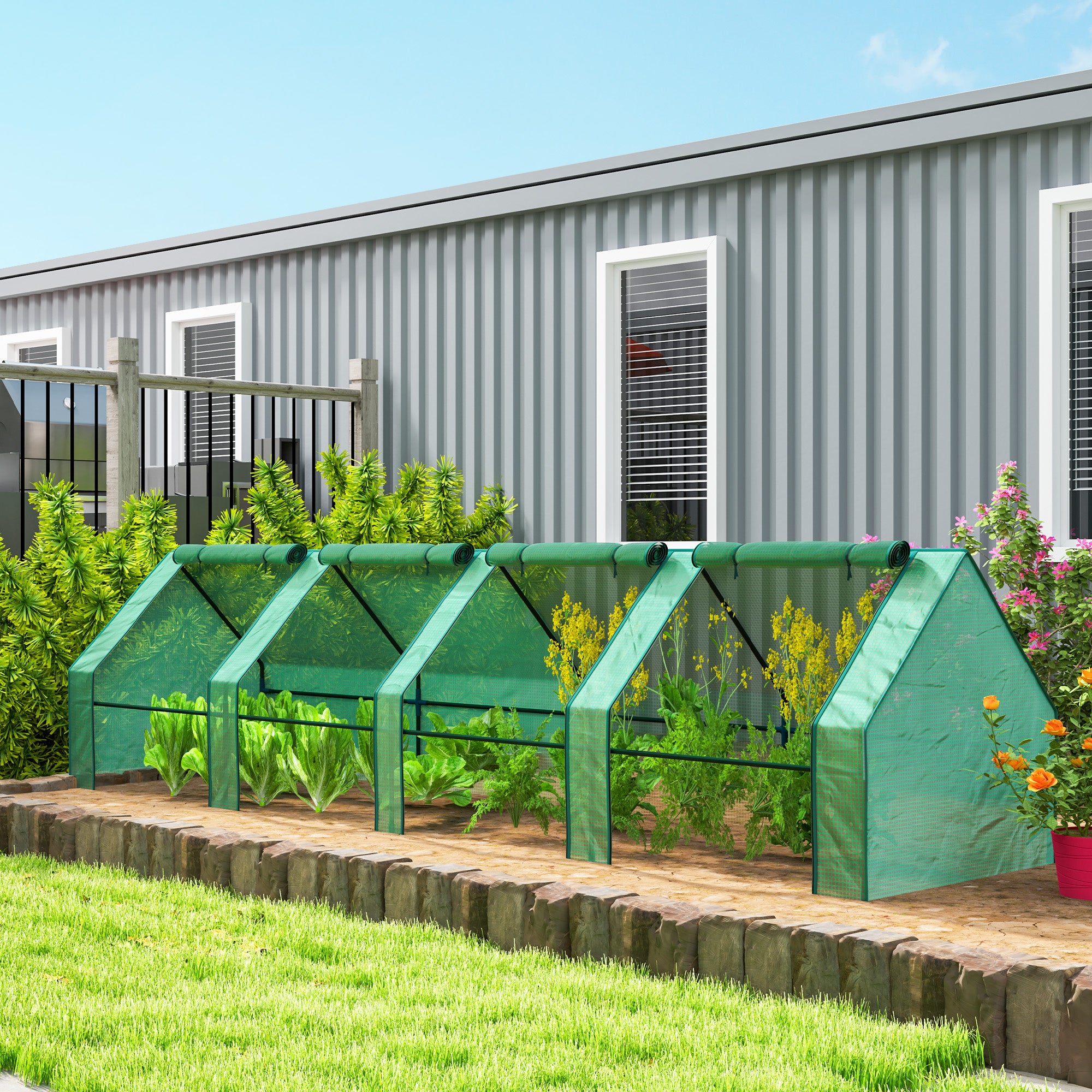 Outsunny 12' x 3' x 3' Portable Mini Greenhouse, Tunnel Growing Tent, Plants Flower Warm House with Zippered Roll-up Doors, Green