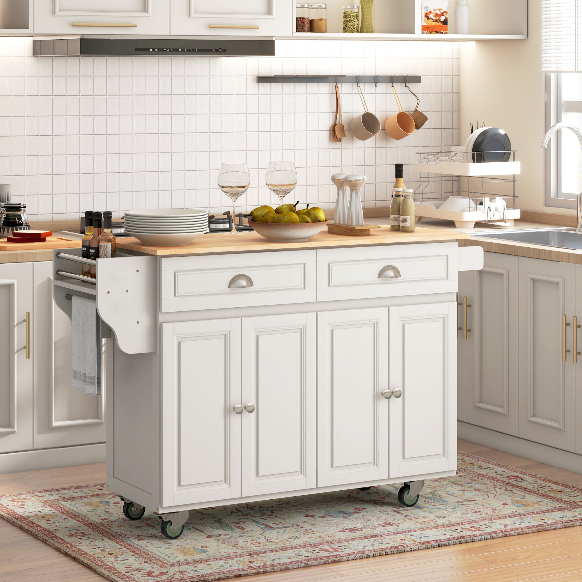 HOMCOM Kitchen Island with Storage, Rolling Kitchen Island with Drop Leaf, Solid Wood Top, 2 Drawers, 2 Cabinets, Adjustable Shelves and Knife Rack, Cream White