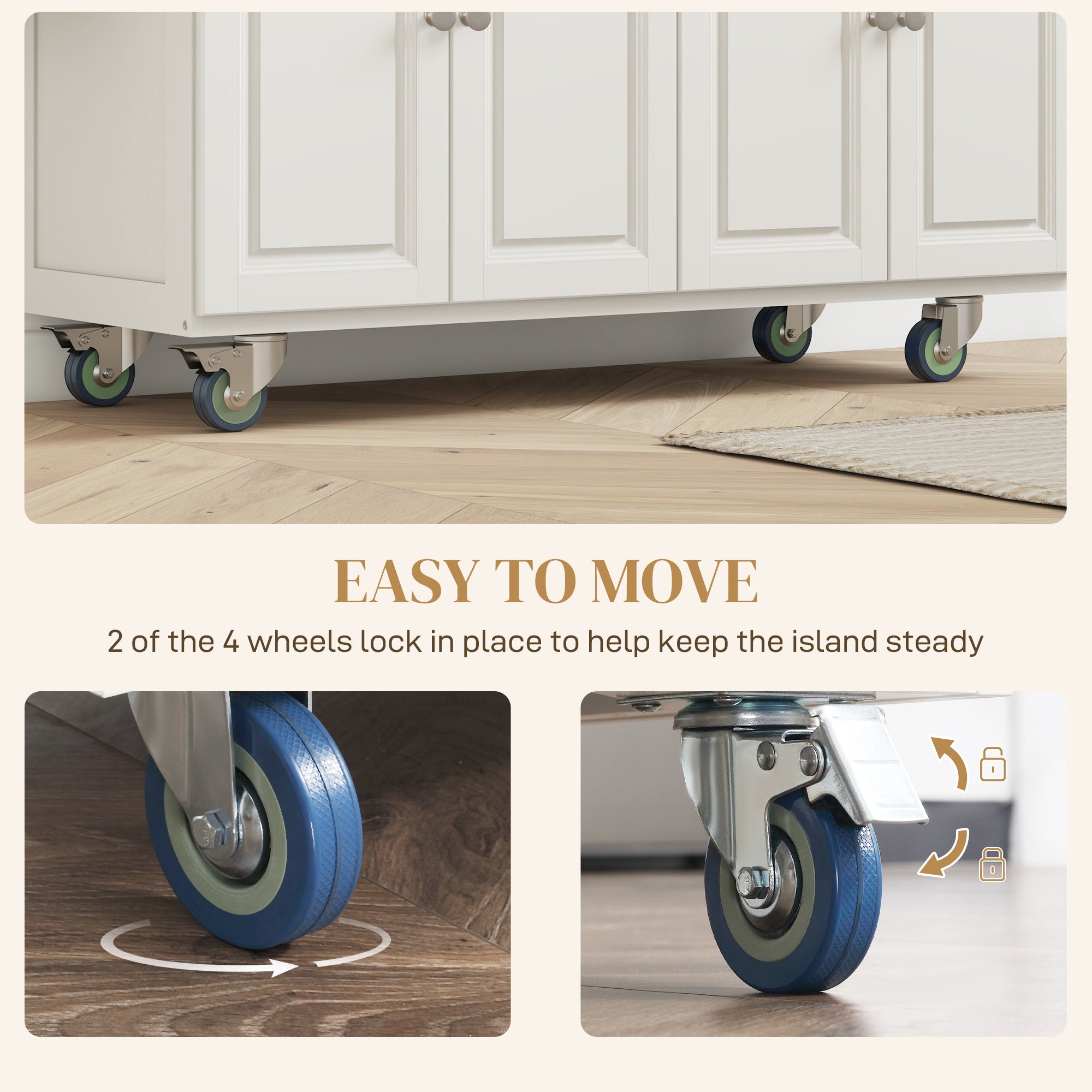 HOMCOM Kitchen Island with Storage, Rolling Kitchen Island with Drop Leaf, Solid Wood Top, 2 Drawers, 2 Cabinets, Adjustable Shelves and Knife Rack, Cream White