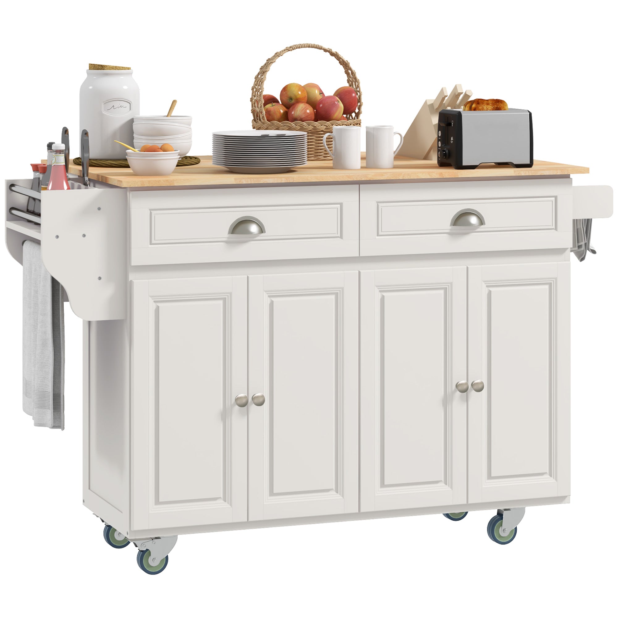 HOMCOM Kitchen Island with Storage, Rolling Kitchen Island with Drop Leaf, Solid Wood Top, 2 Drawers, 2 Cabinets, Adjustable Shelves and Knife Rack, Cream White