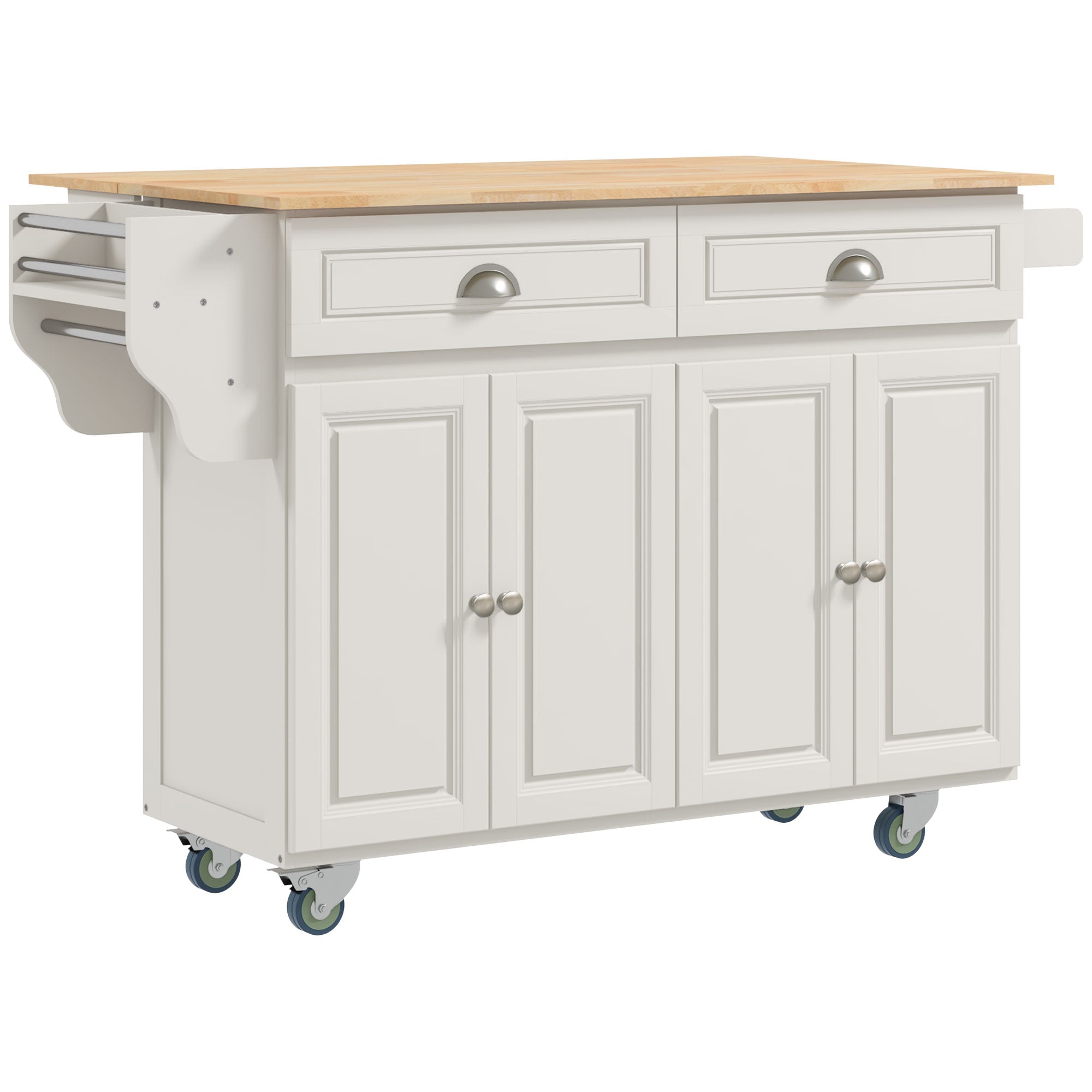 HOMCOM Kitchen Island with Storage, Rolling Kitchen Island with Drop Leaf, Solid Wood Top, 2 Drawers, 2 Cabinets, Adjustable Shelves and Knife Rack, Cream White
