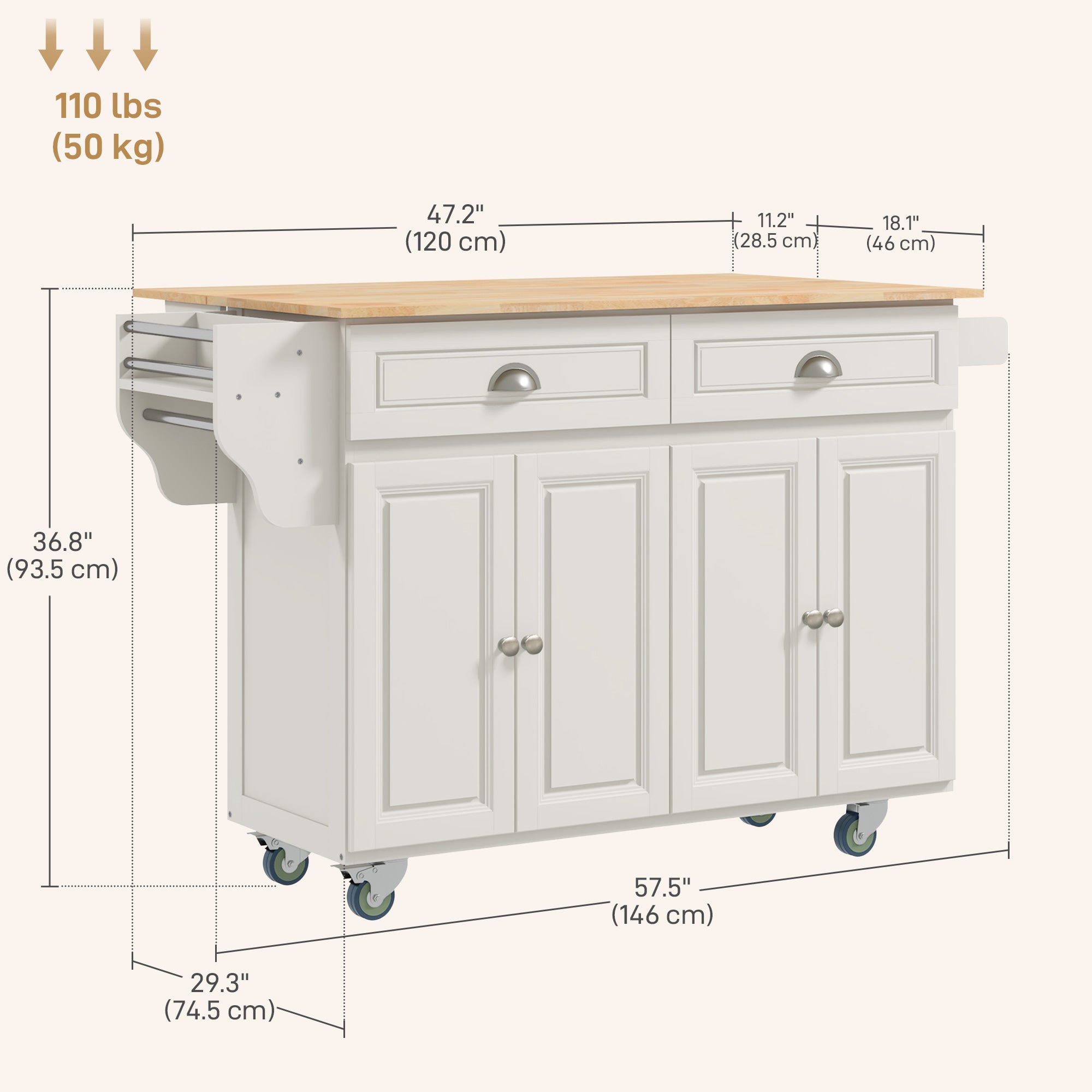 HOMCOM Kitchen Island with Storage, Rolling Kitchen Island with Drop Leaf, Solid Wood Top, 2 Drawers, 2 Cabinets, Adjustable Shelves and Knife Rack, Cream White