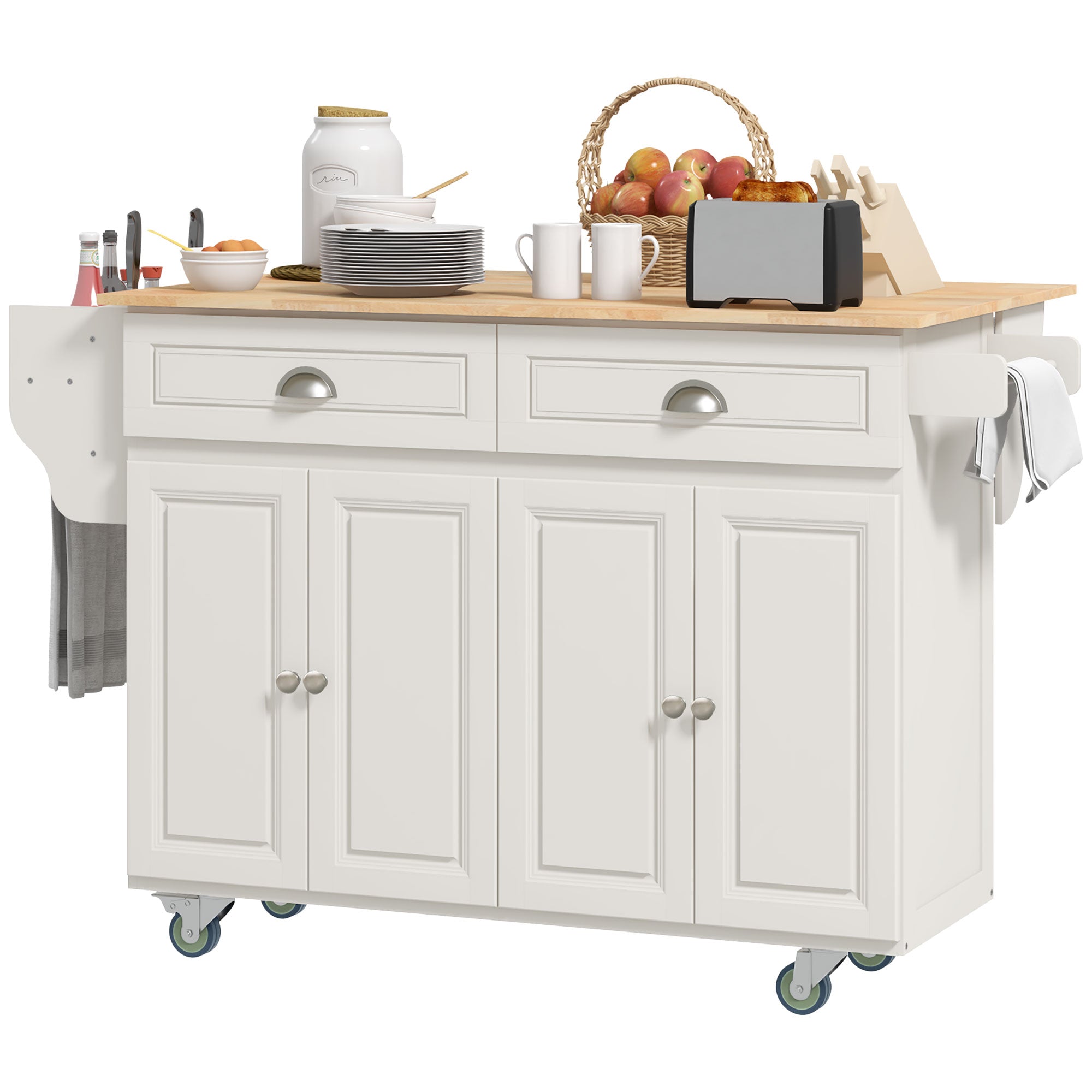 HOMCOM Kitchen Island with Storage, Rolling Kitchen Island with Drop Leaf, Solid Wood Top, 2 Drawers, 2 Cabinets, Adjustable Shelves and Knife Rack, Cream White