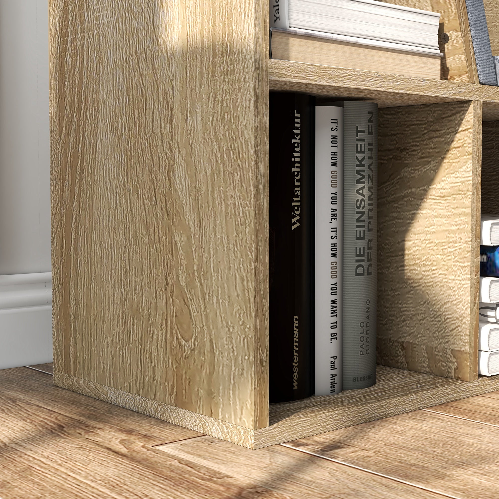 HOMCOM 6-Cubby Bookcase with Seat Cushion, Cube Storage Shelf Bookshelf with Reading Nook for Home Office, Study, Oak