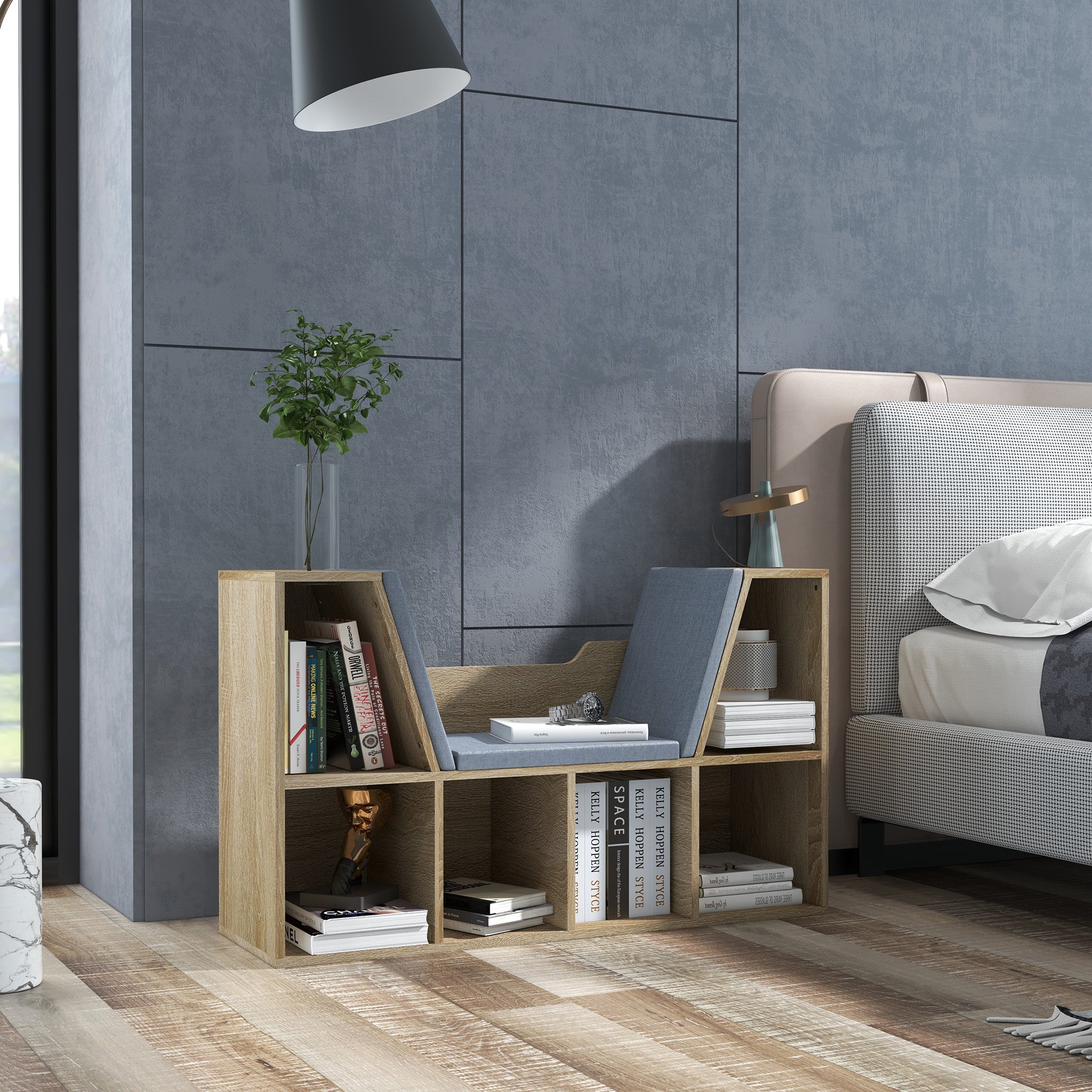 HOMCOM 6-Cubby Bookcase with Seat Cushion, Cube Storage Shelf Bookshelf with Reading Nook for Home Office, Study, Oak