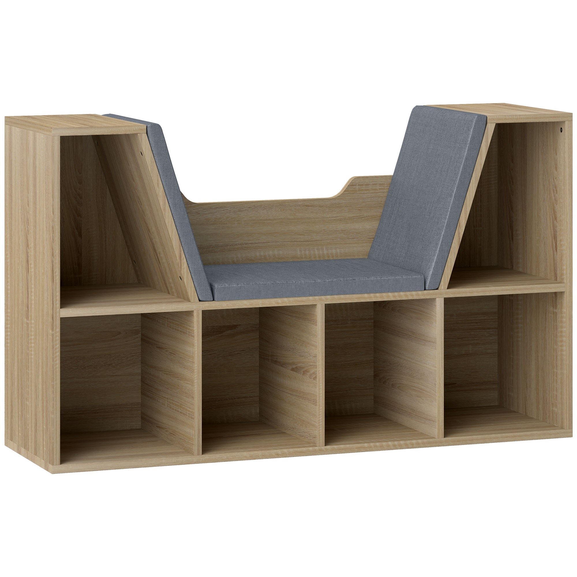 HOMCOM 6-Cubby Bookcase with Seat Cushion, Cube Storage Shelf Bookshelf with Reading Nook for Home Office, Study, Oak