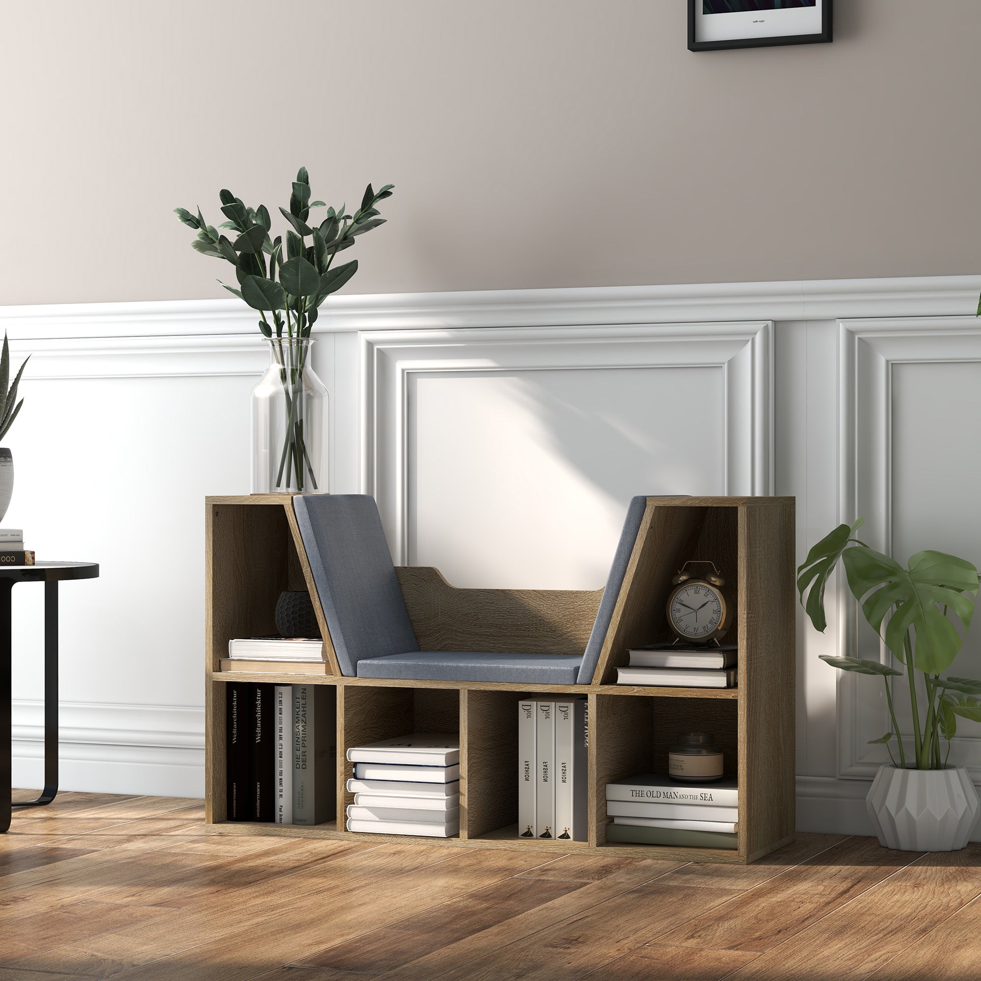 HOMCOM 6-Cubby Bookcase with Seat Cushion, Cube Storage Shelf Bookshelf with Reading Nook for Home Office, Study, Oak