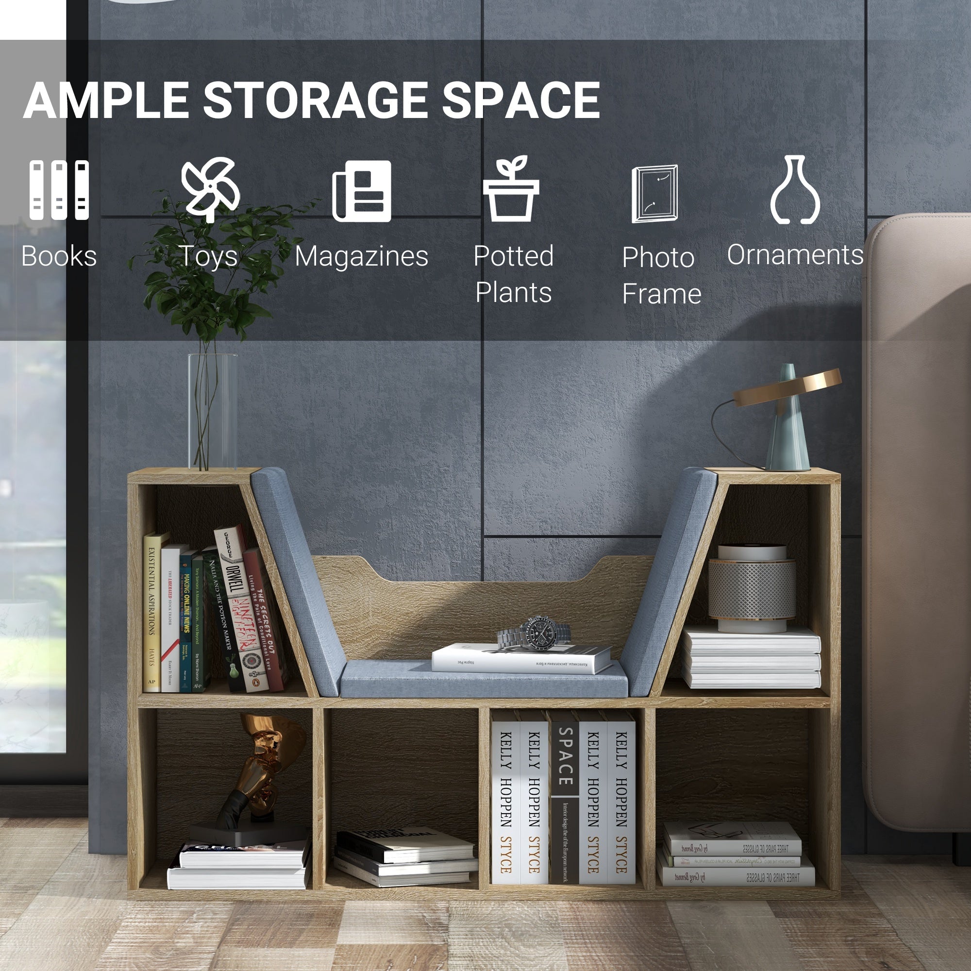 HOMCOM 6-Cubby Bookcase with Seat Cushion, Cube Storage Shelf Bookshelf with Reading Nook for Home Office, Study, Oak