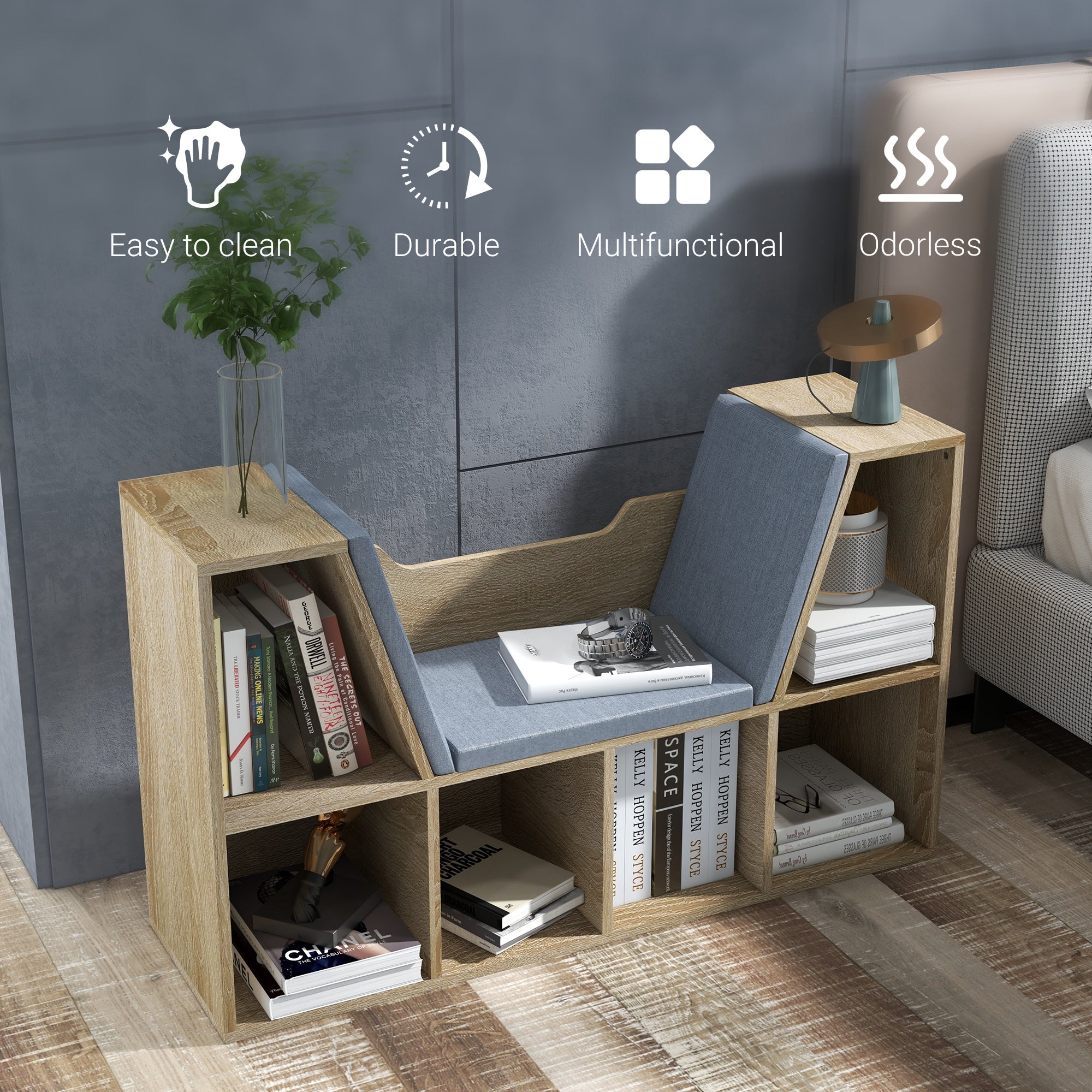 HOMCOM 6-Cubby Bookcase with Seat Cushion, Cube Storage Shelf Bookshelf with Reading Nook for Home Office, Study, Oak