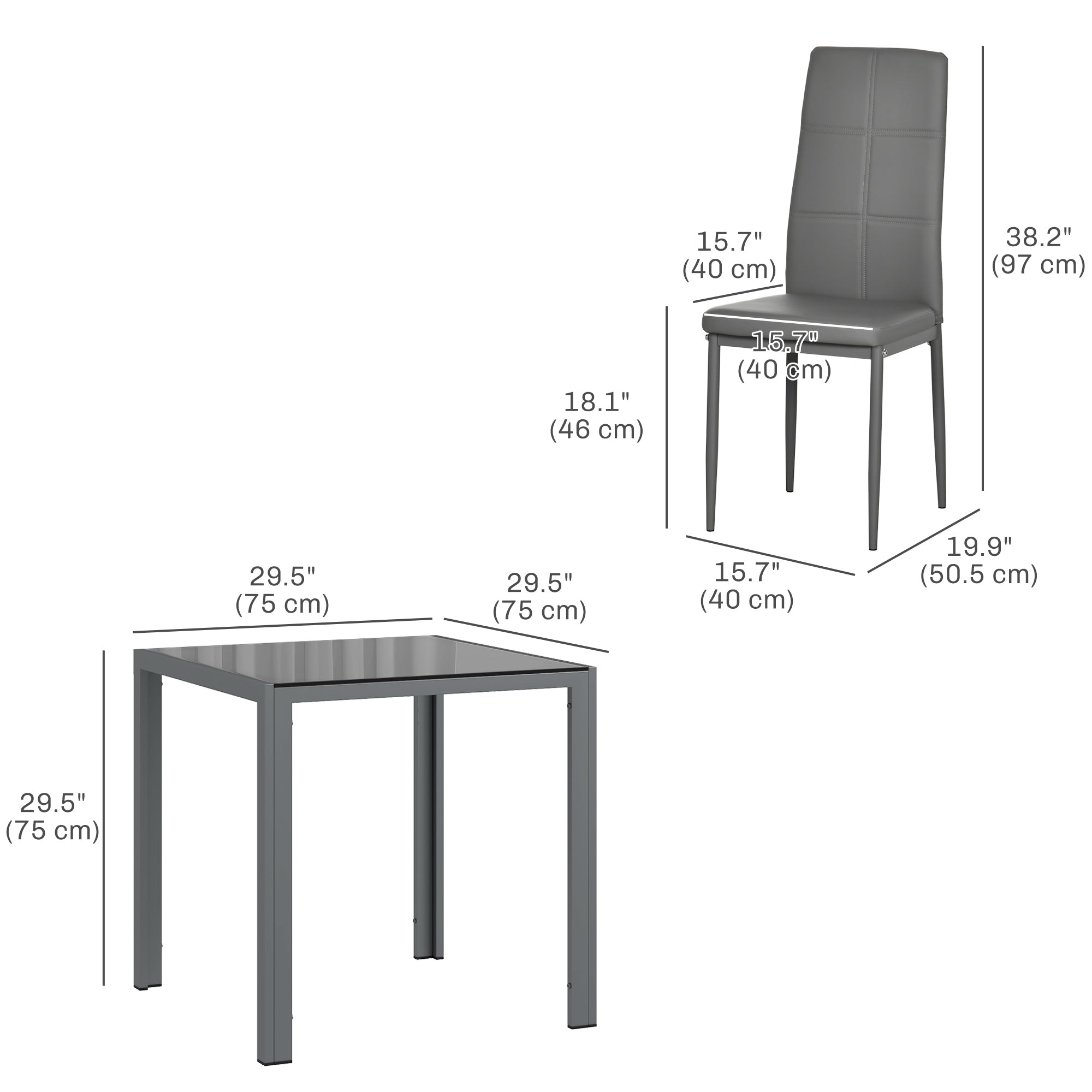 HOMCOM Dining Table Set for 2, 3-Piece Rectangular Glass Kitchen Table and Chairs with Metal Frame and Faux Leather Upholstery for Dining Room, Living Room, Grey