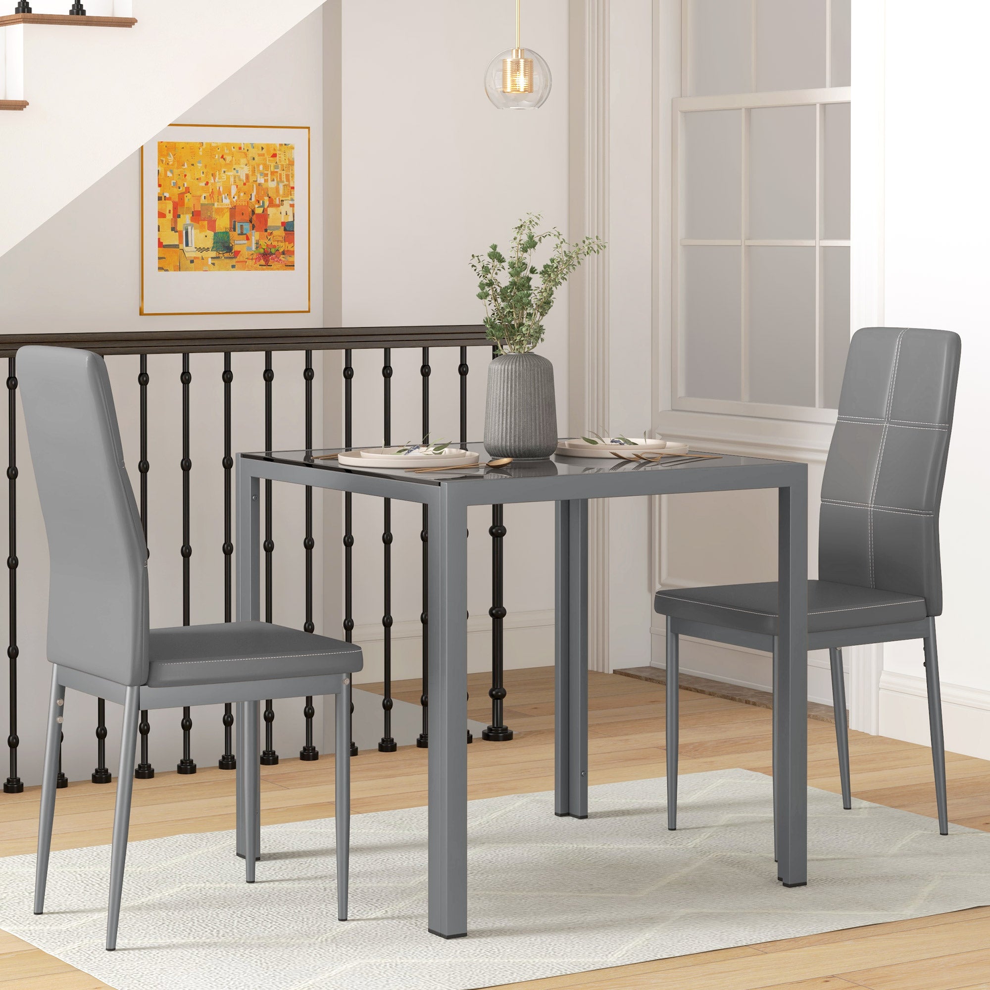 HOMCOM Dining Table Set for 2, 3-Piece Rectangular Glass Kitchen Table and Chairs with Metal Frame and Faux Leather Upholstery for Dining Room, Living Room, Grey
