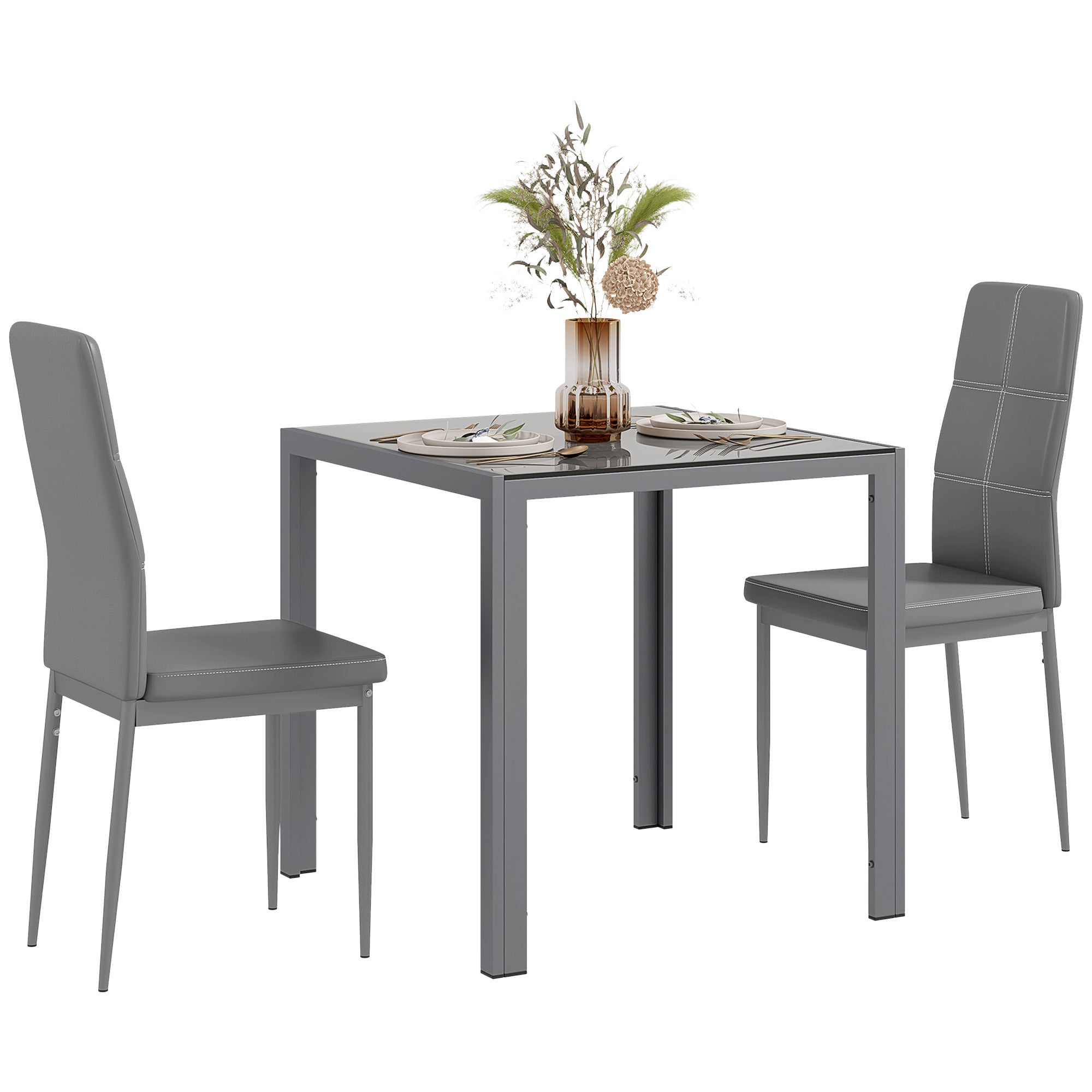 HOMCOM Dining Table Set for 2, 3-Piece Rectangular Glass Kitchen Table and Chairs with Metal Frame and Faux Leather Upholstery for Dining Room, Living Room, Grey