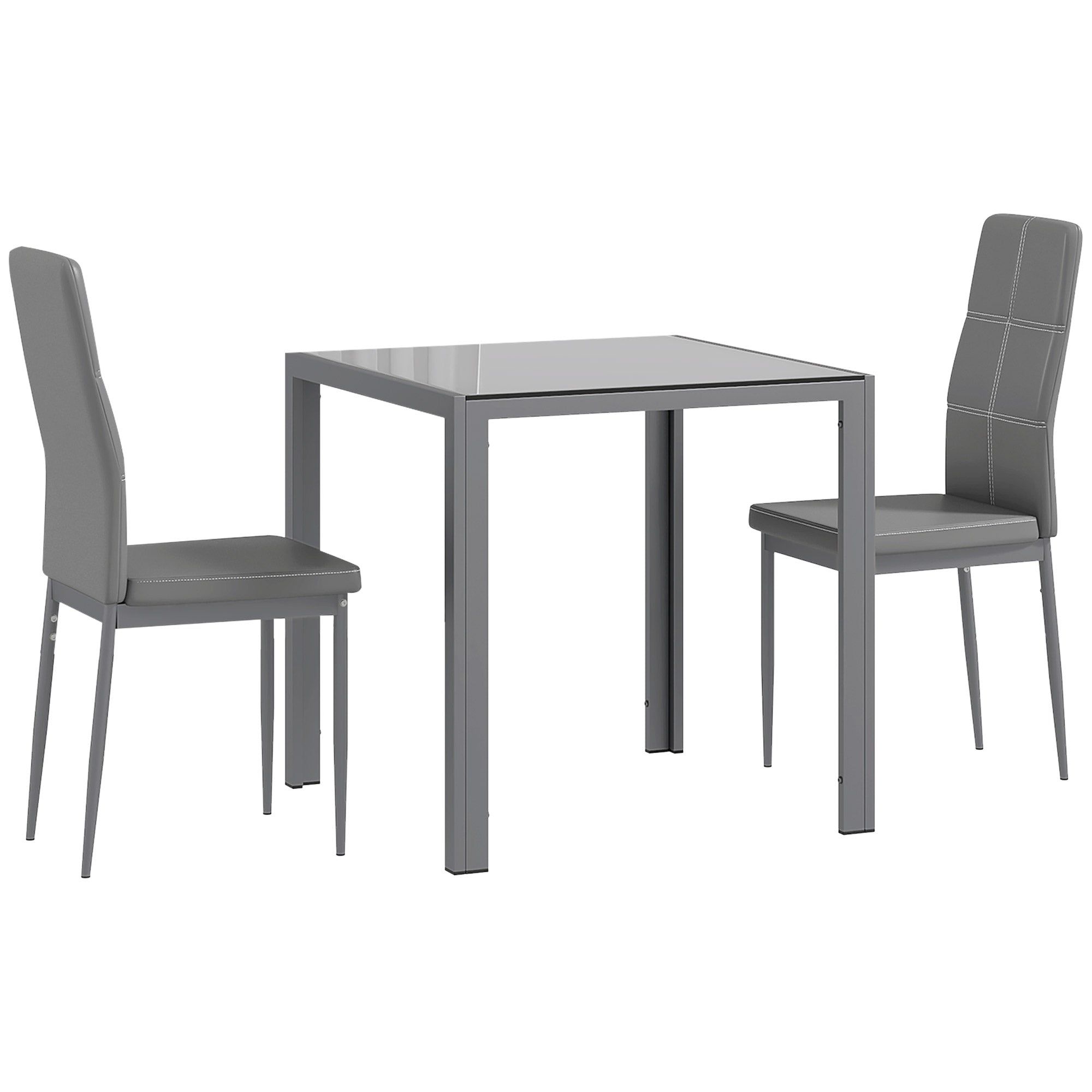 HOMCOM Dining Table Set for 2, 3-Piece Rectangular Glass Kitchen Table and Chairs with Metal Frame and Faux Leather Upholstery for Dining Room, Living Room, Grey