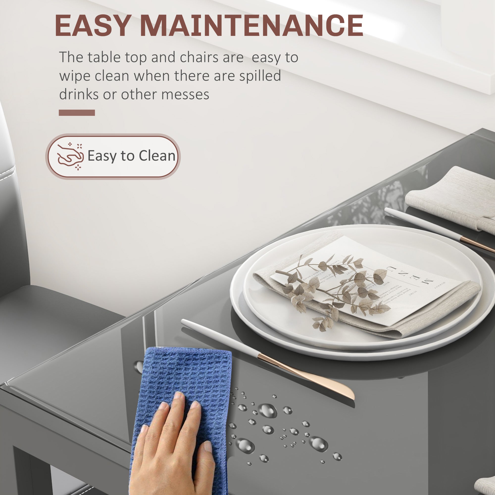 HOMCOM Dining Table Set for 2, 3-Piece Rectangular Glass Kitchen Table and Chairs with Metal Frame and Faux Leather Upholstery for Dining Room, Living Room, Grey