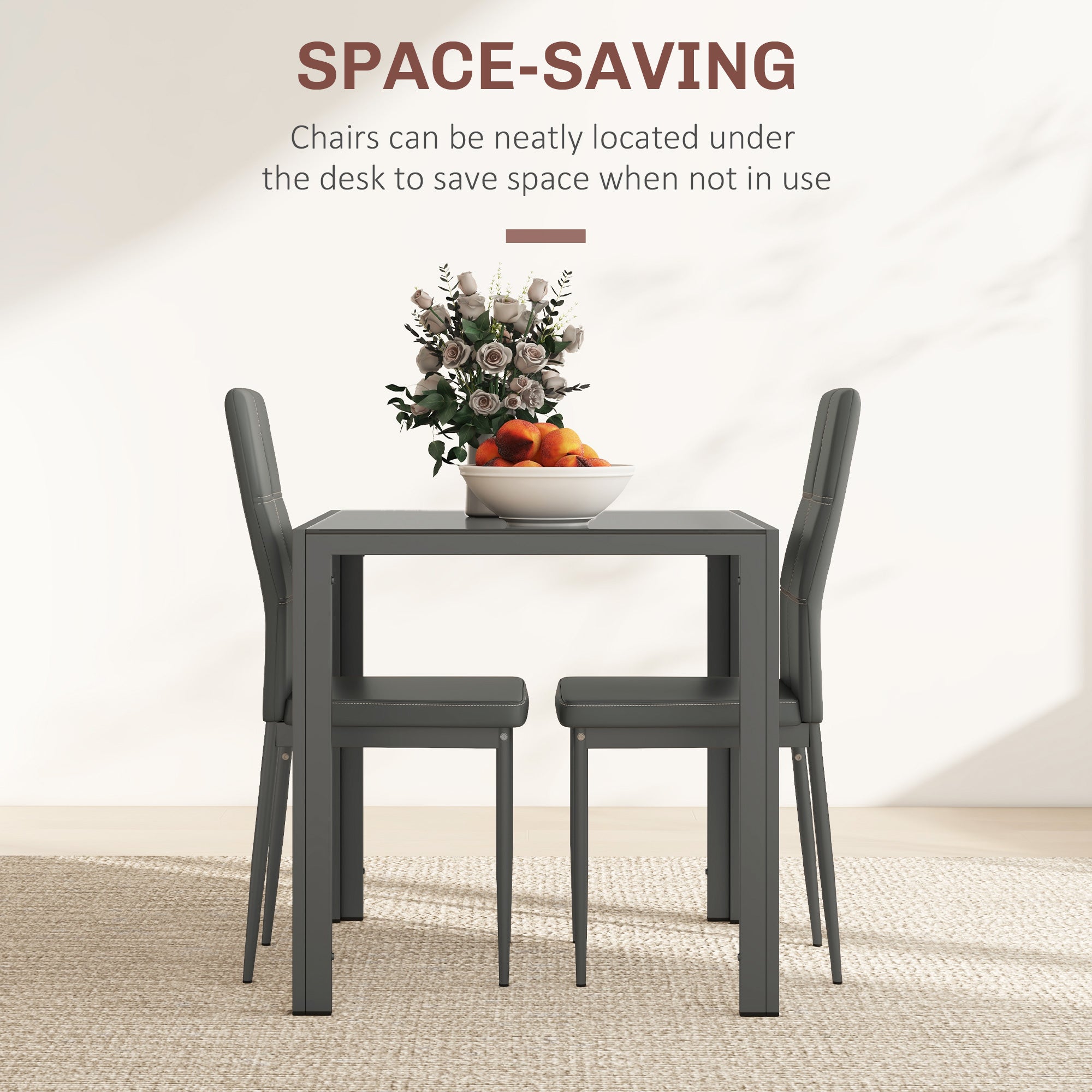 HOMCOM Dining Table Set for 2, 3-Piece Rectangular Glass Kitchen Table and Chairs with Metal Frame and Faux Leather Upholstery for Dining Room, Living Room, Grey