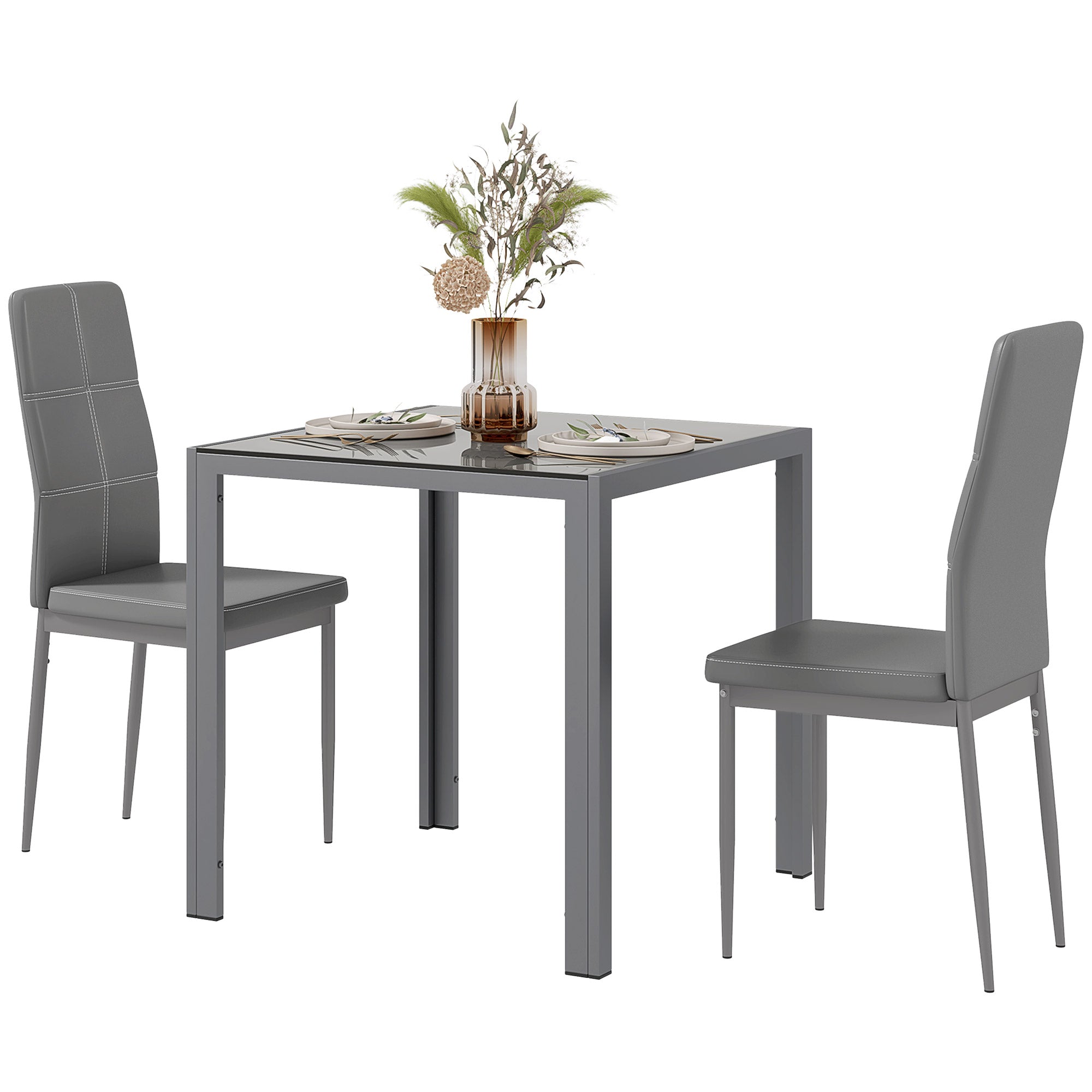 HOMCOM Dining Table Set for 2, 3-Piece Rectangular Glass Kitchen Table and Chairs with Metal Frame and Faux Leather Upholstery for Dining Room, Living Room, Grey