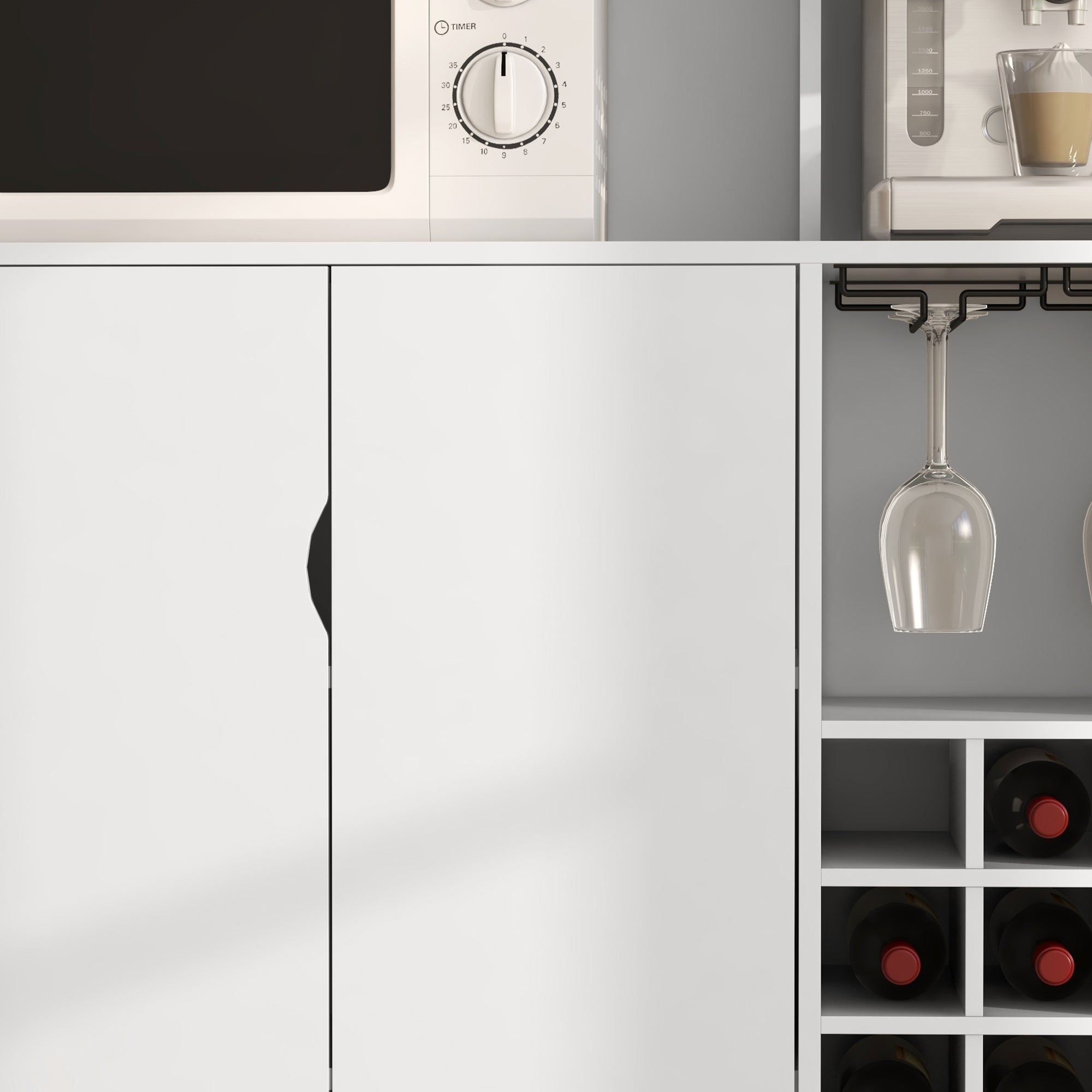 HOMCOM Kitchen Hutch with Wine Storage, Buffet with Hutch, Microwave Countertop, Drawer, Adjustable Shelf, Tempered Glass Doors, Coffee Bar Cabinet, White