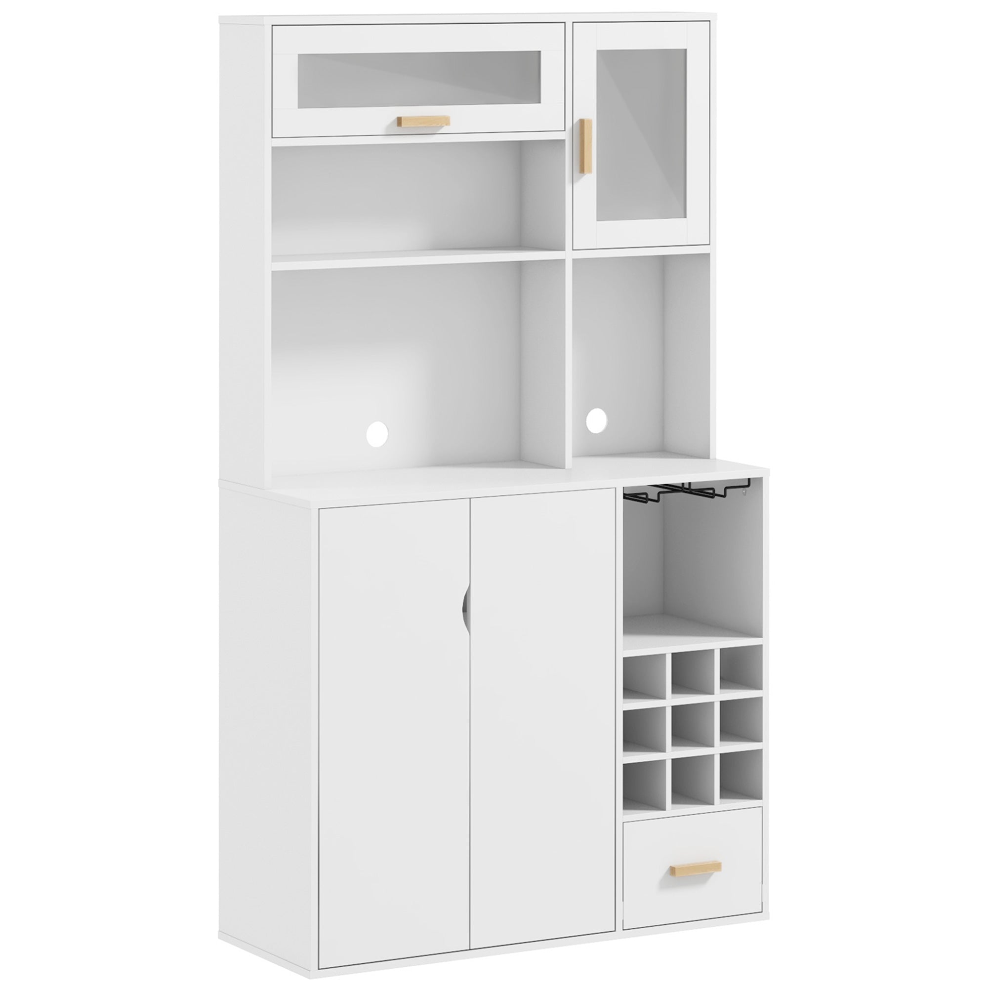HOMCOM Kitchen Hutch with Wine Storage, Buffet with Hutch, Microwave Countertop, Drawer, Adjustable Shelf, Tempered Glass Doors, Coffee Bar Cabinet, White