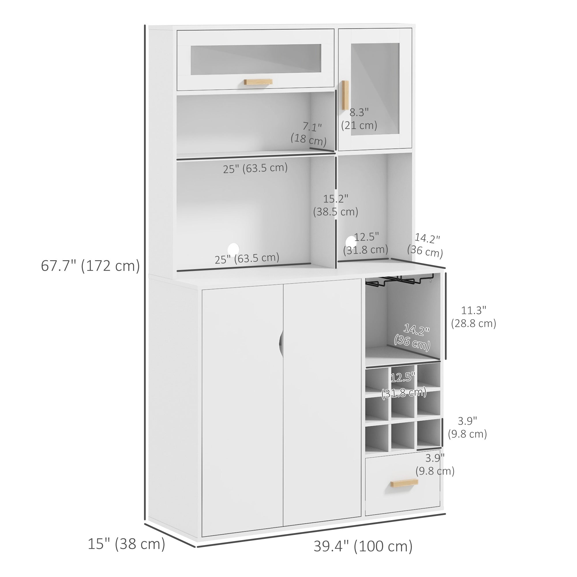 HOMCOM Kitchen Hutch with Wine Storage, Buffet with Hutch, Microwave Countertop, Drawer, Adjustable Shelf, Tempered Glass Doors, Coffee Bar Cabinet, White